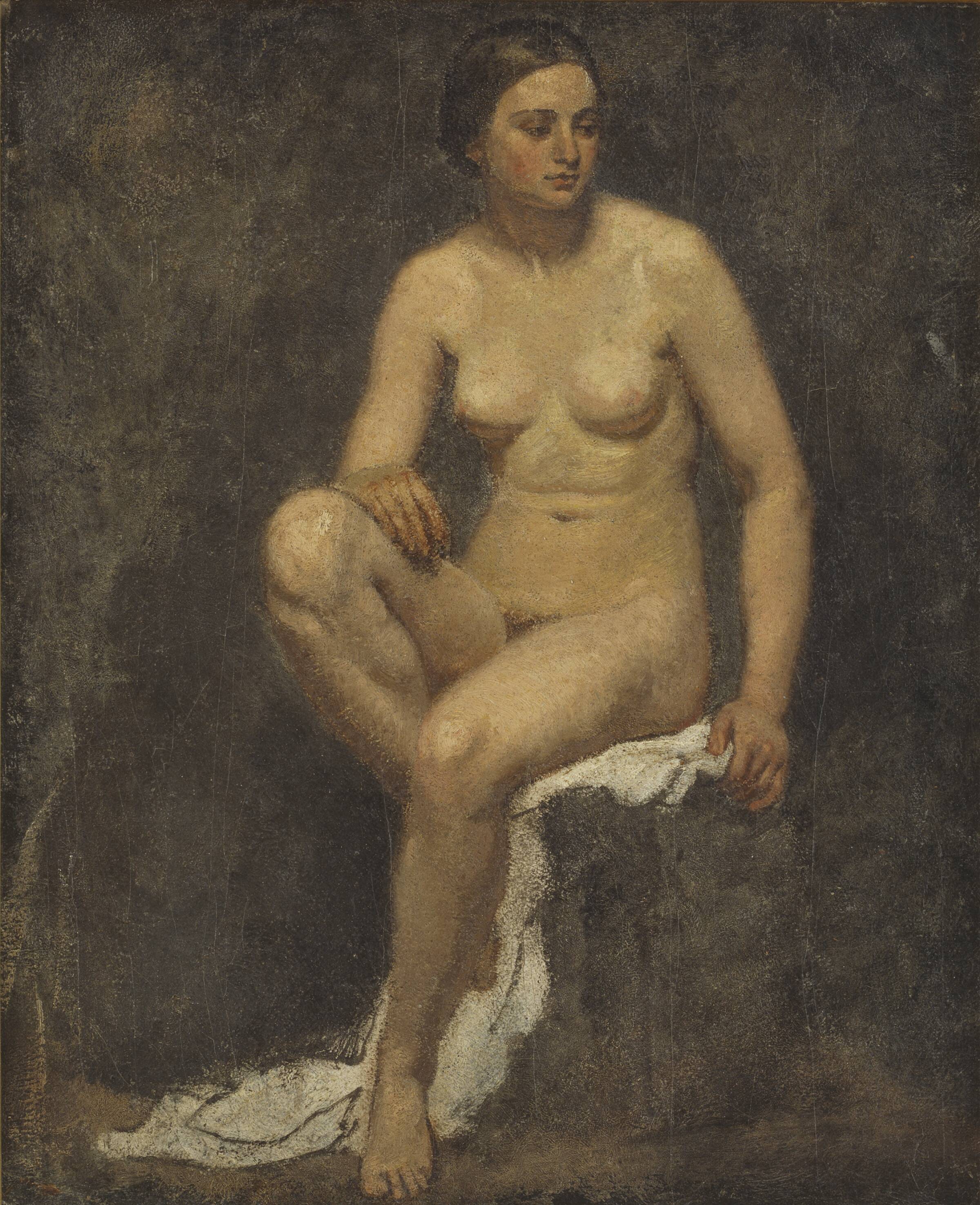 Kvindelig model i maleren Thomas Coutures atelier, Lorenz Frølich, 1852-1853