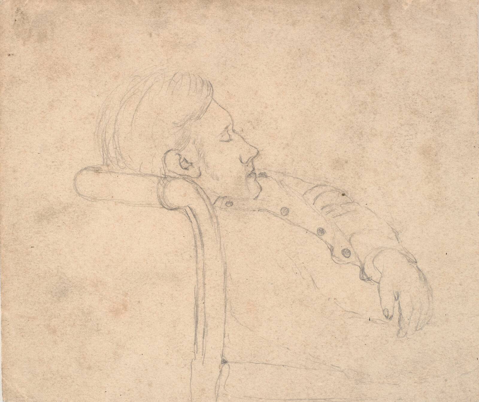 Sovende mand på en sofa. Halv figur, L.A. Ring, 1875