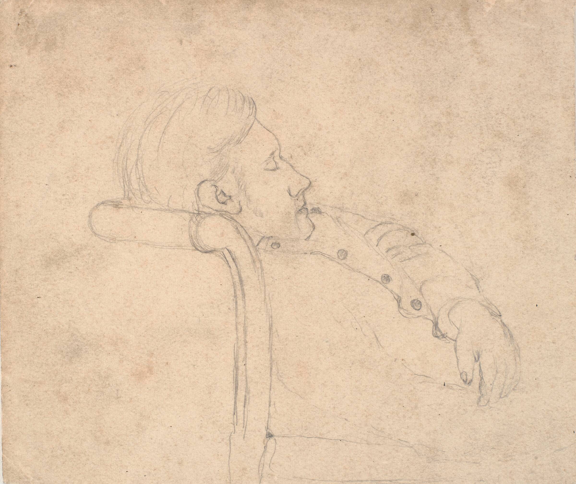 Sovende mand på en sofa. Halv figur, L.A. Ring, 1875