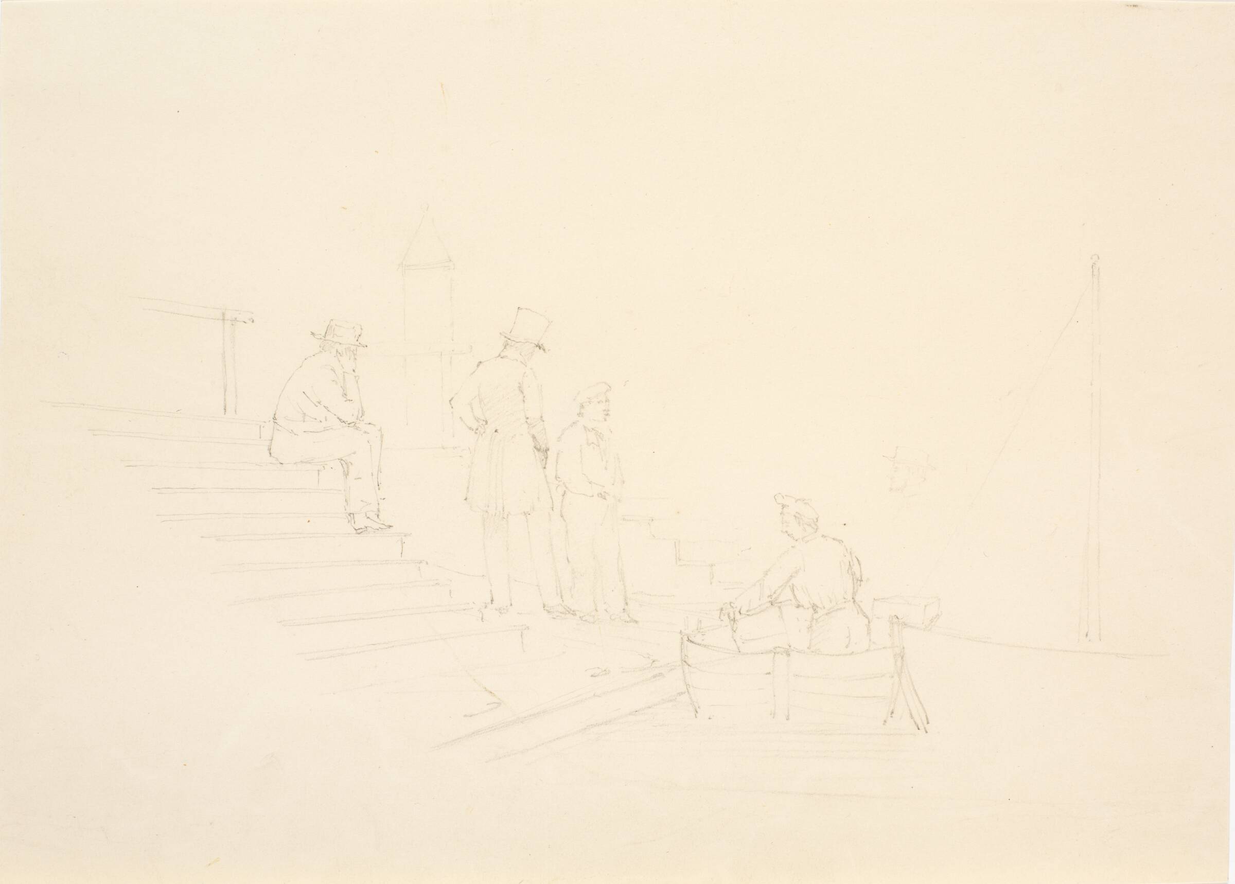 Tre mænd på en trappe, der fører ned til vandet, hvor der ligger en robåd med en fisker, Martinus Rørbye, 1803-1848