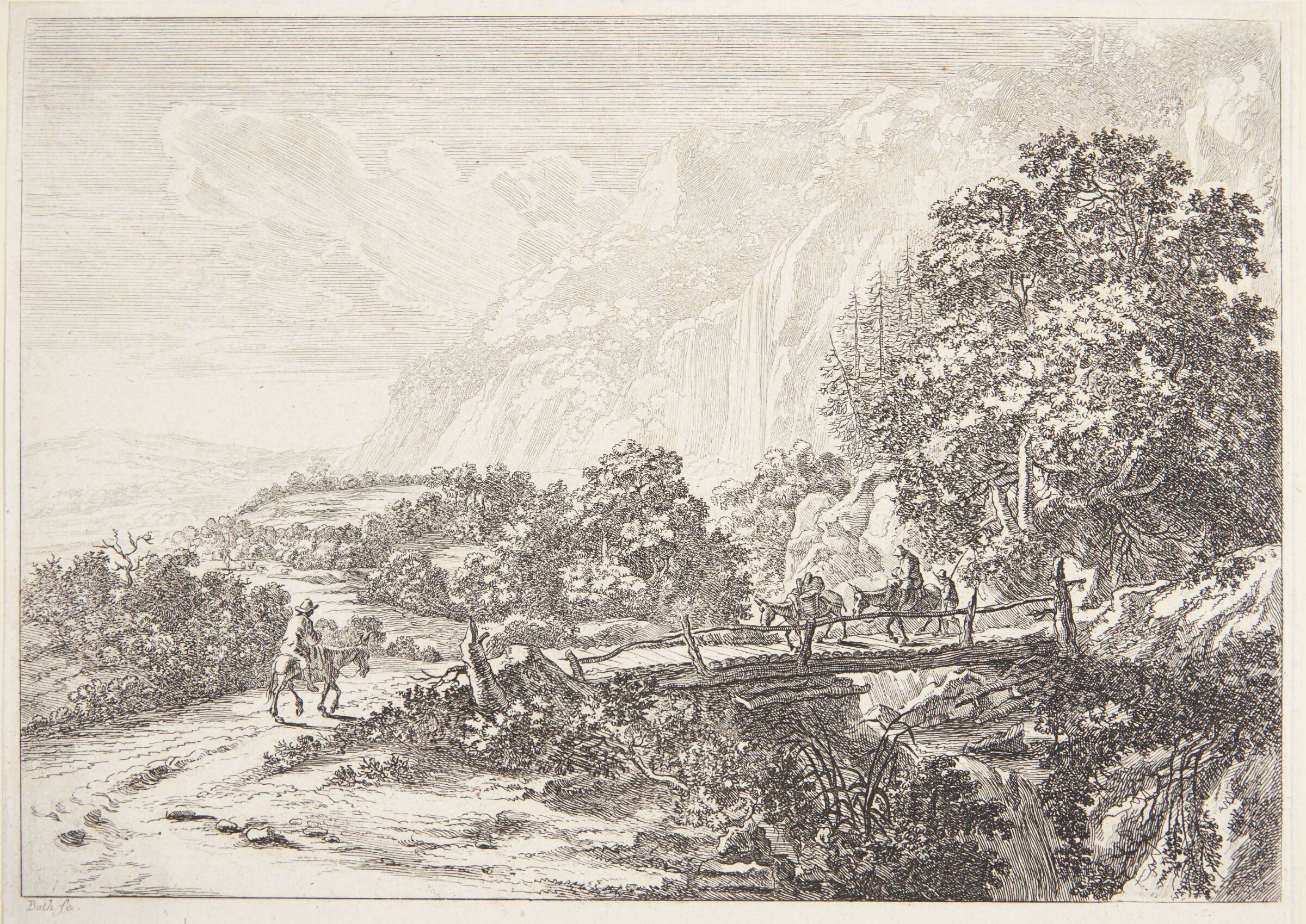 Træbro over et vandfald ved Sulmona nær Tivoli, Jan Both, 1618-1654