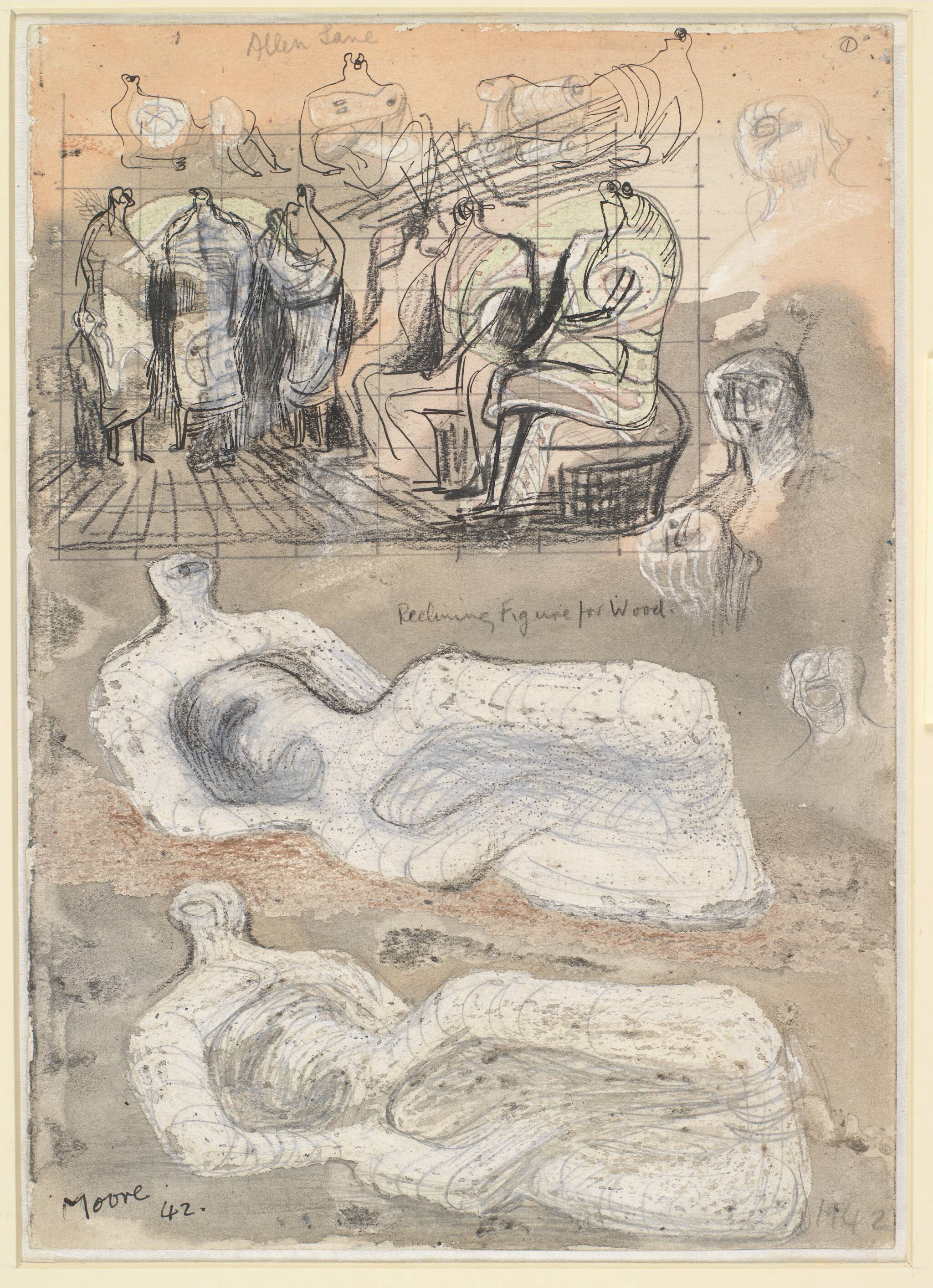 Henry Moore、STUDY、海外版超希少レゾネ、新品額付 Study for Reclining Figure and other studies, 1942, Henry Moore