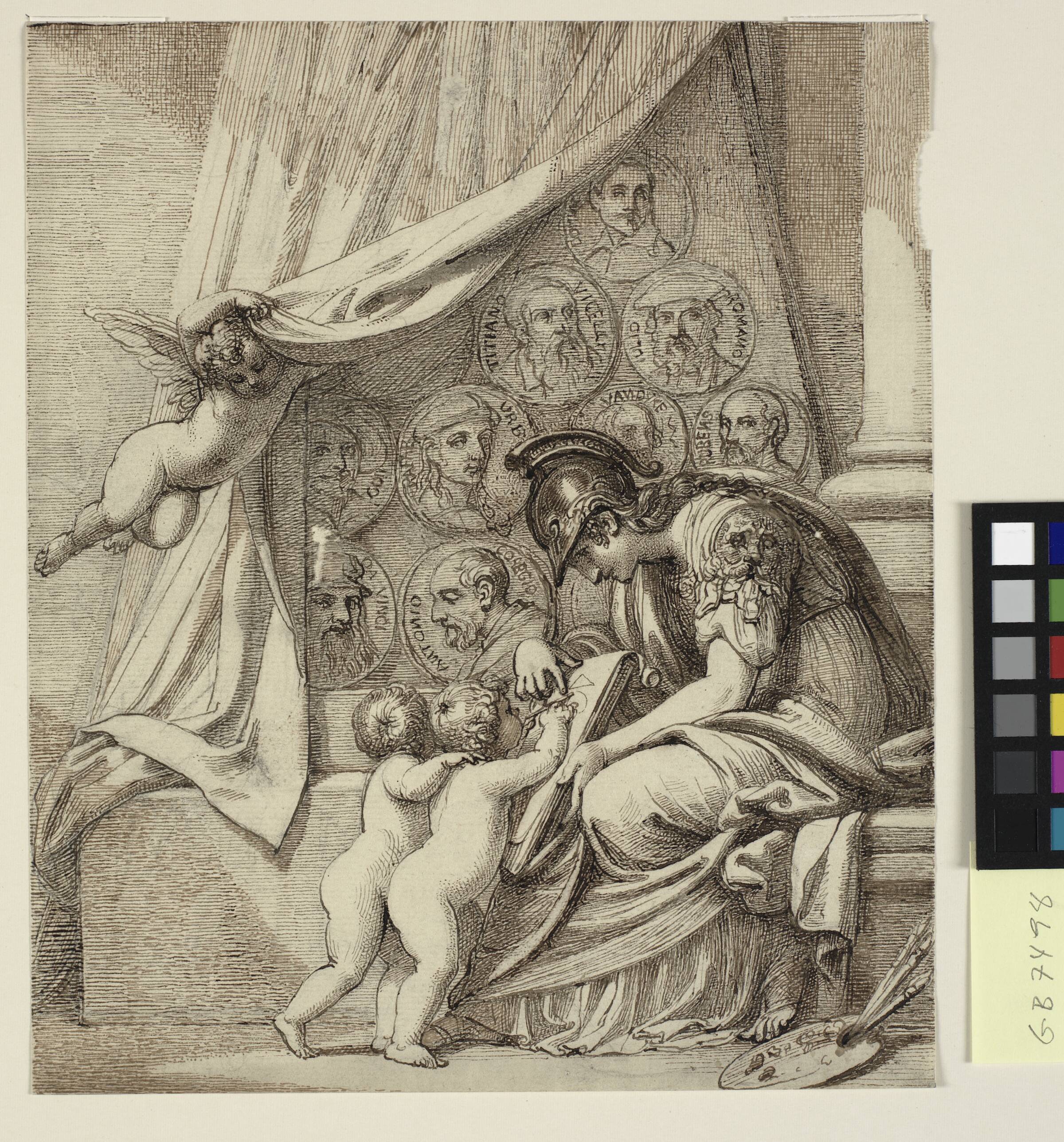 Maleriets genius, eller Minerva instruerer putti i malekunsten. Forlæg til Pierre Condés radering, Memorial to Robert Udney Esq., Richard Cosway, 1802