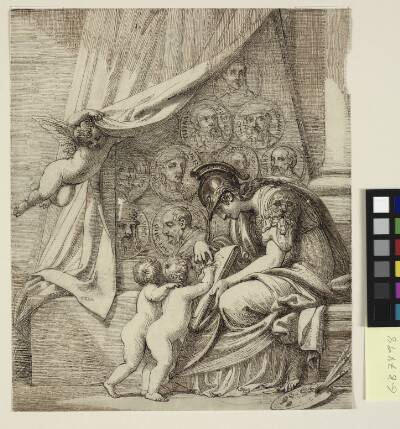 Maleriets genius, eller Minerva instruerer putti i malekunsten. Forlæg til Pierre Condés radering, Memorial to Robert Udney Esq.
