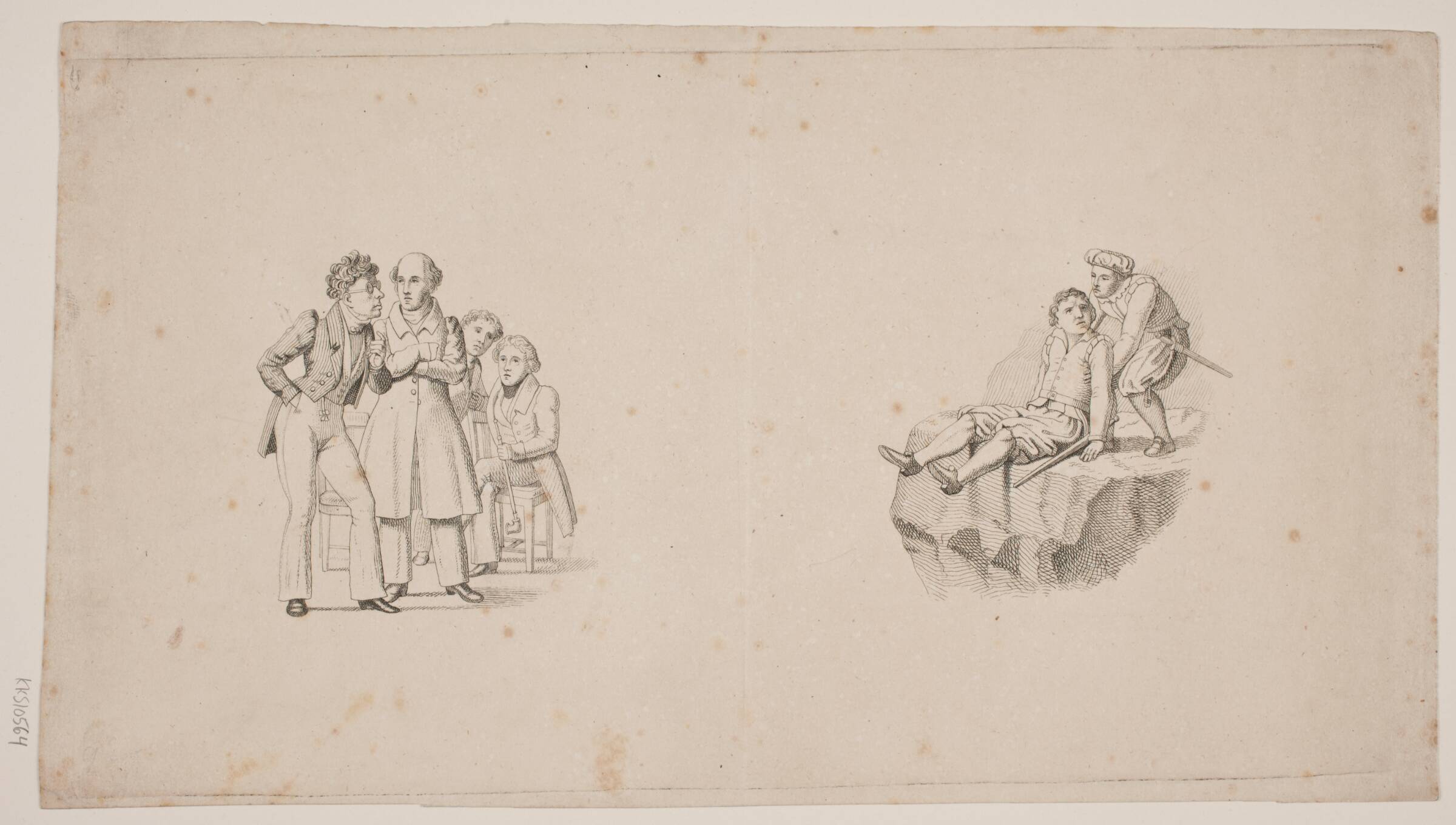 To illustrationer. T.v. samtalende herrer og t.h. to mænd i middelalderlige dragter på en klippe, Oluf Olufsen Bagge, 1780-1836