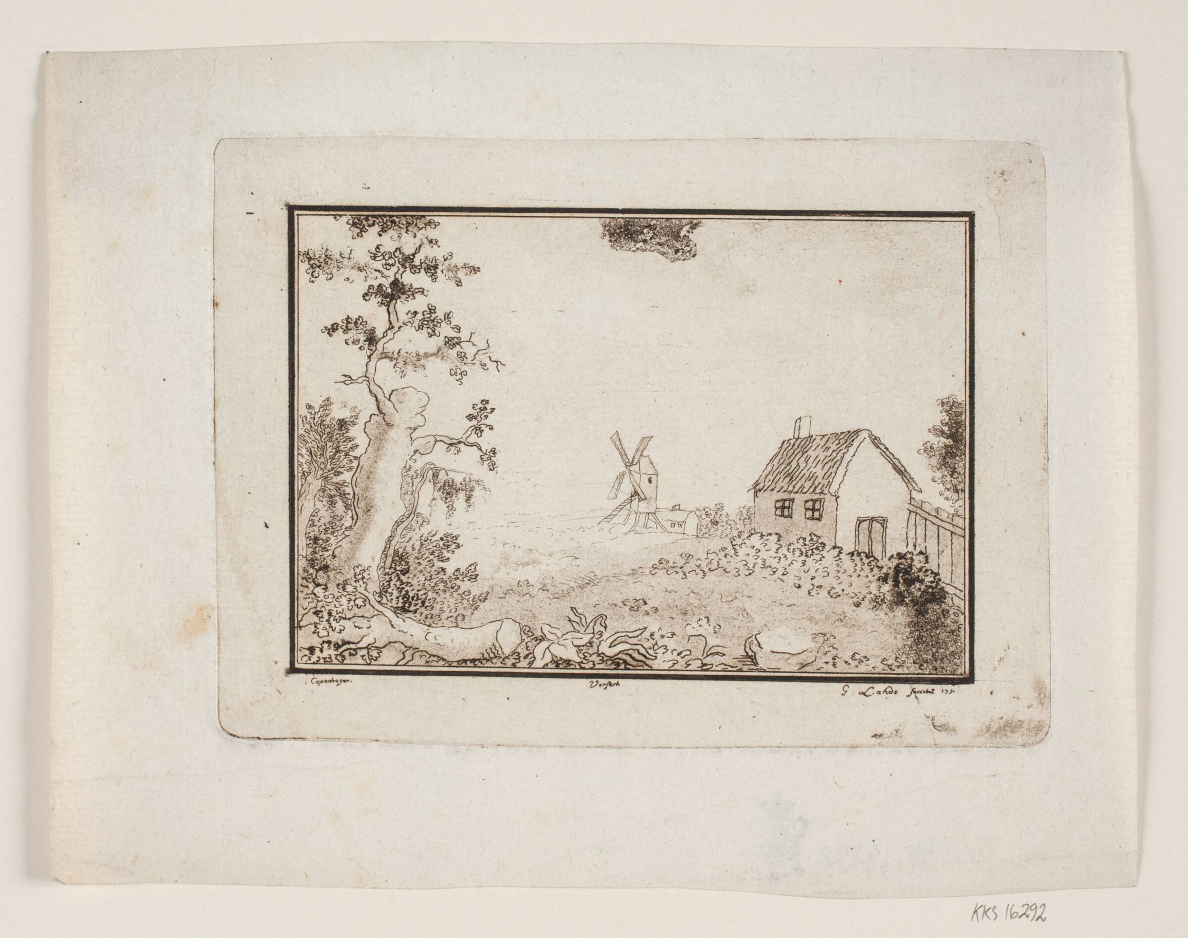 Landskab med hus og mølle, Gerhard Ludvig Lahde, 1790