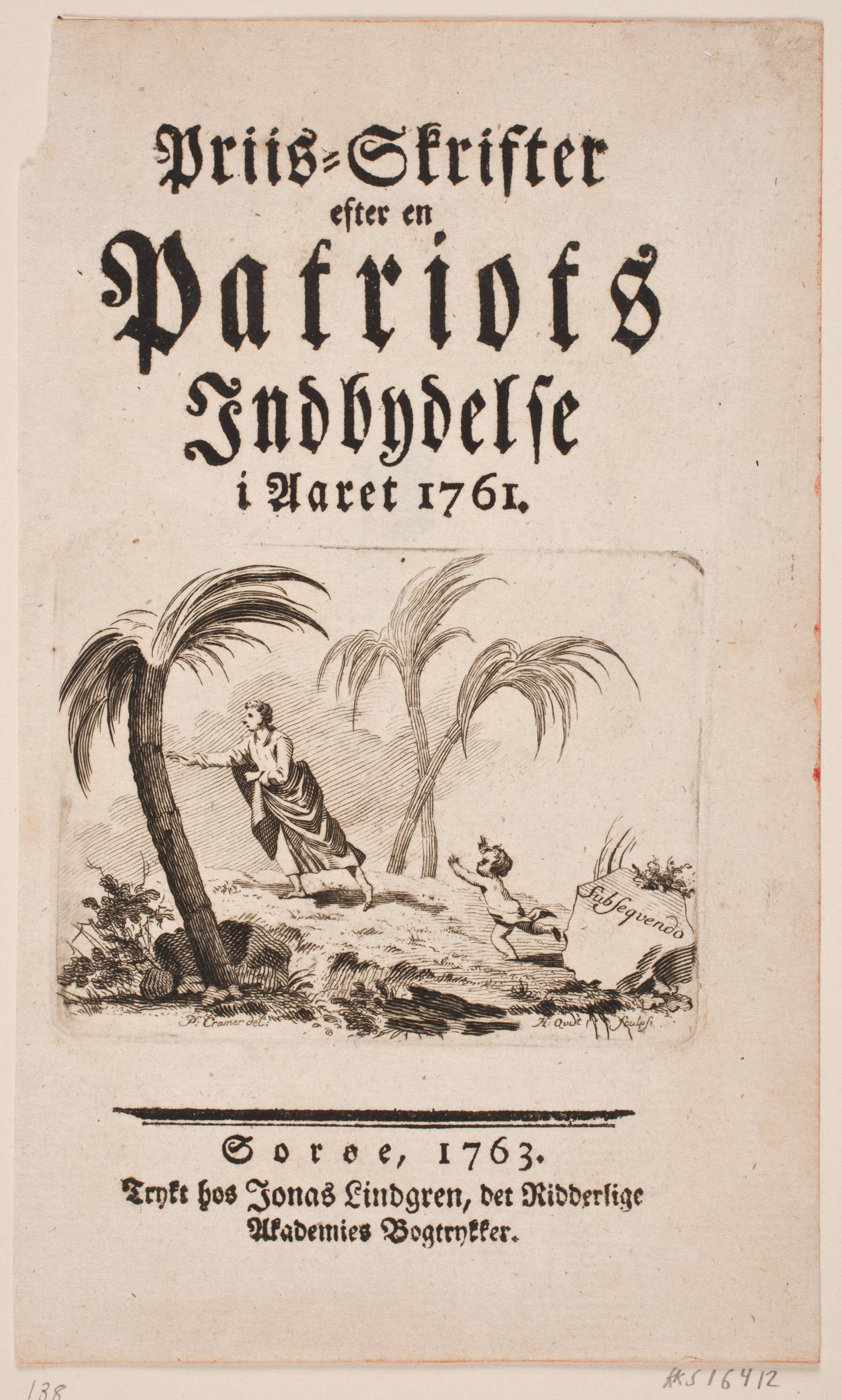 Titelblad med vignet til "Priis-Skrifter efter en Patriots Indbydelse i Aaret 1761", Hans Quist, 1763
