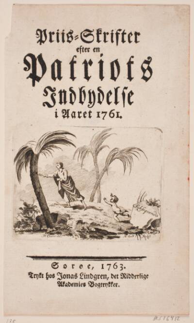 Titelblad med vignet til "Priis-Skrifter efter en Patriots Indbydelse i Aaret 1761"