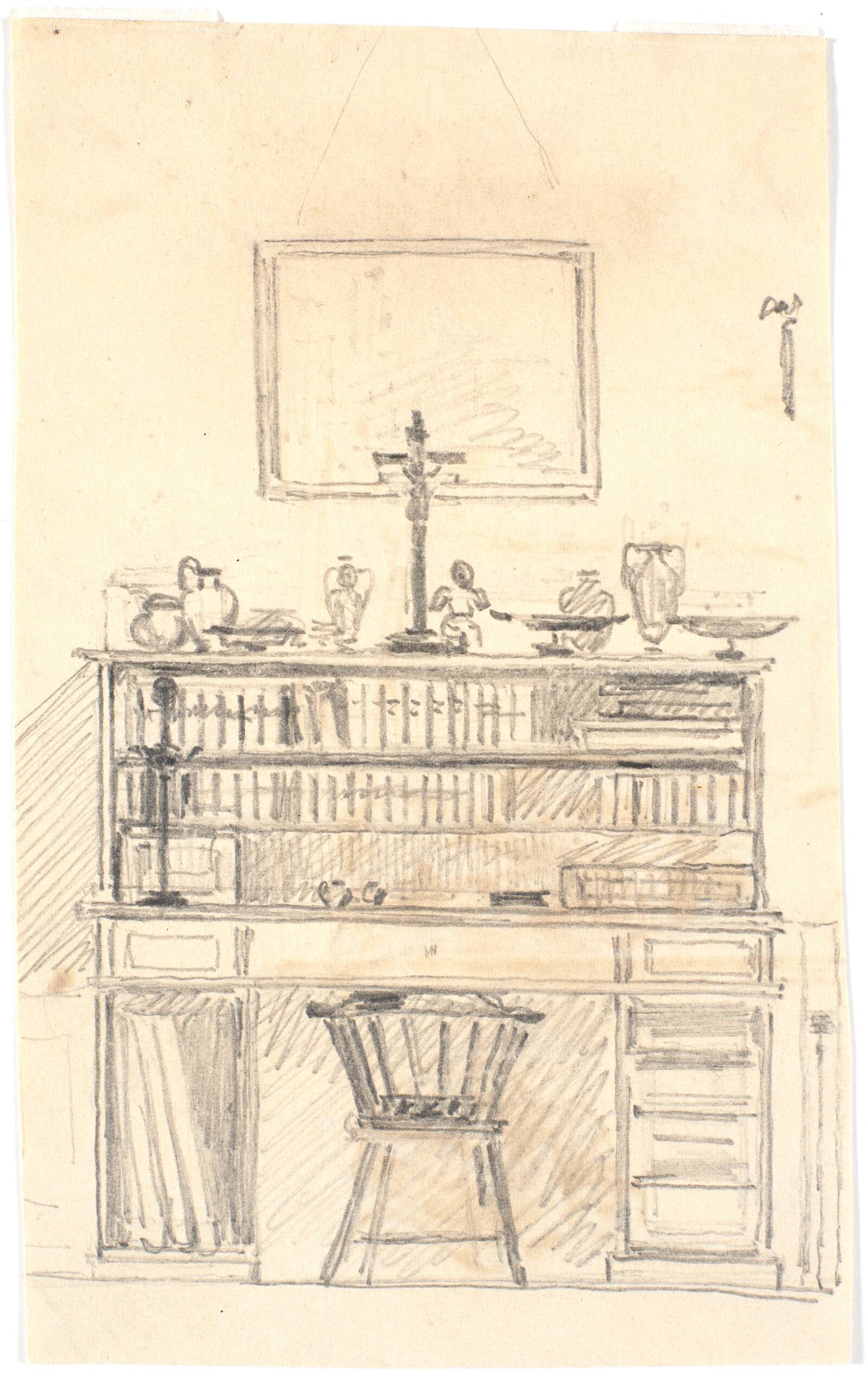 Skrivebord med boghylder, Martinus Rørbye, 1847