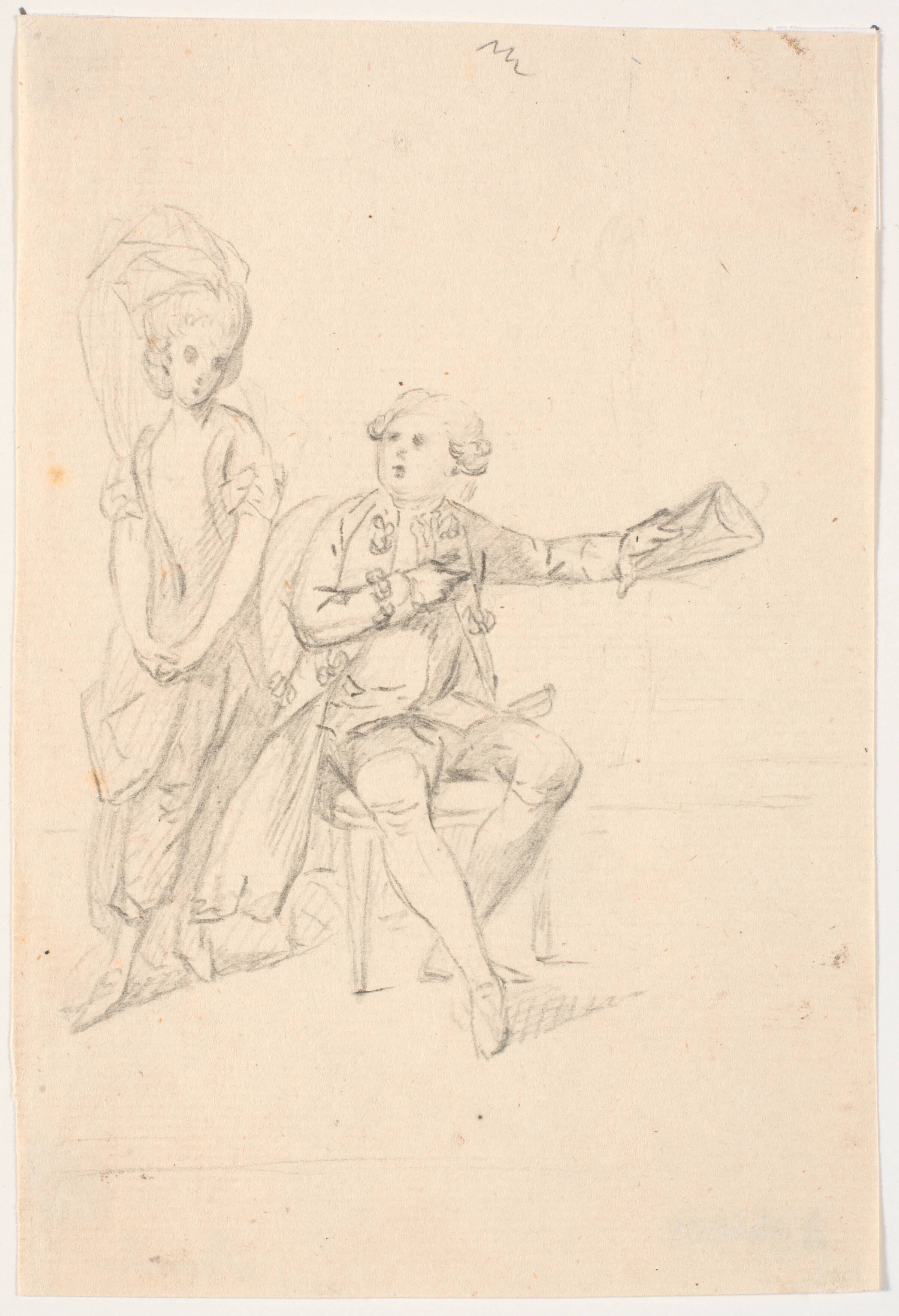 Siddende herre med en hat i venstre hånd. En stående dame læner sig til hans stol, C.A. Lorentzen, 1746-1828