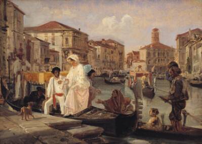 Landstigning i Venedig. En tiggergondol har på Canal Grande fulgt en herskabsgondol