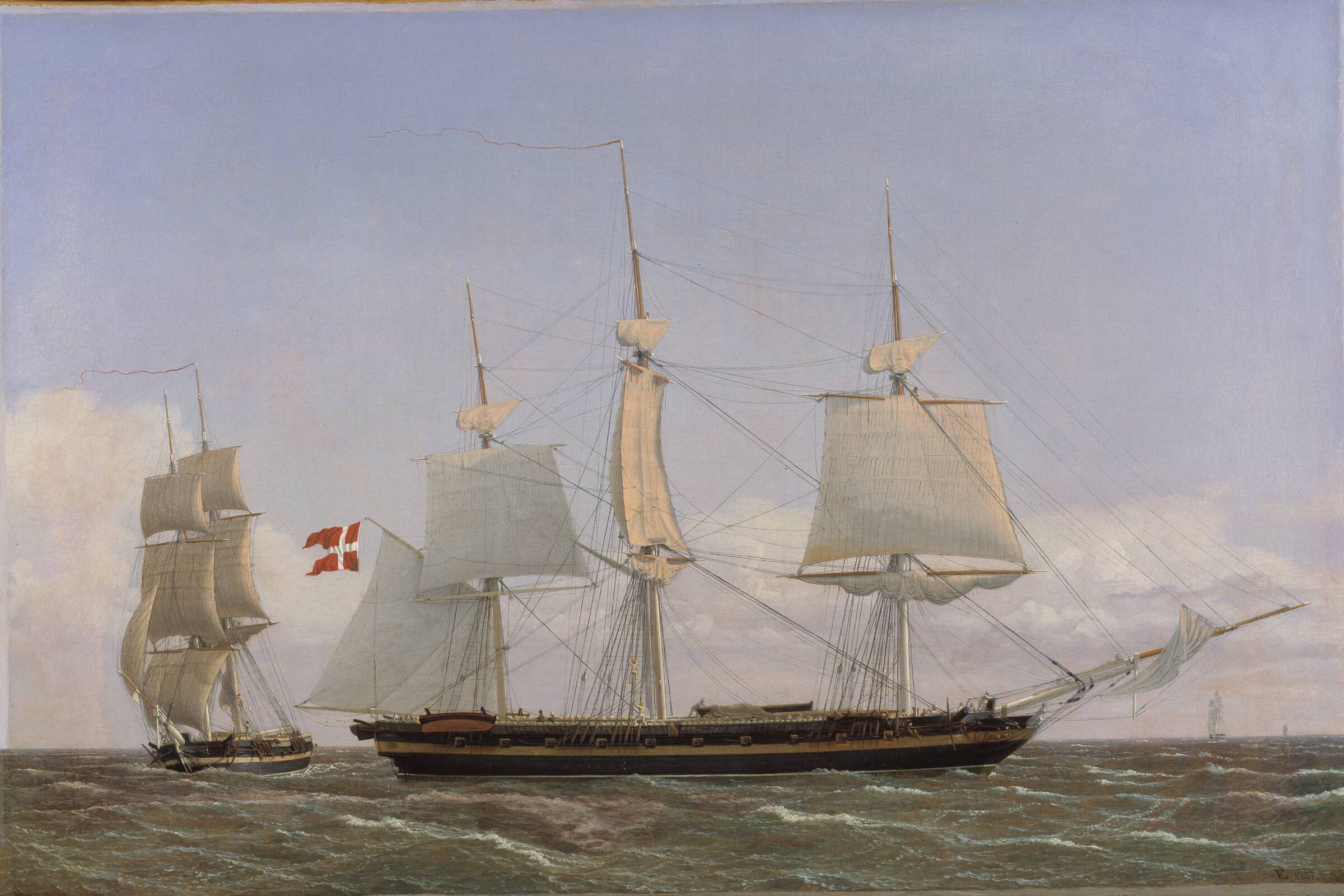 En dansk korvet, som ligger bi for at tale med en dansk orlogsbrig. Scenen er tænkt at foregå i Vestindien, C.W. Eckersberg, 1827