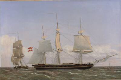 En dansk korvet, som ligger bi for at tale med en dansk orlogsbrig. Scenen er tænkt at foregå i Vestindien