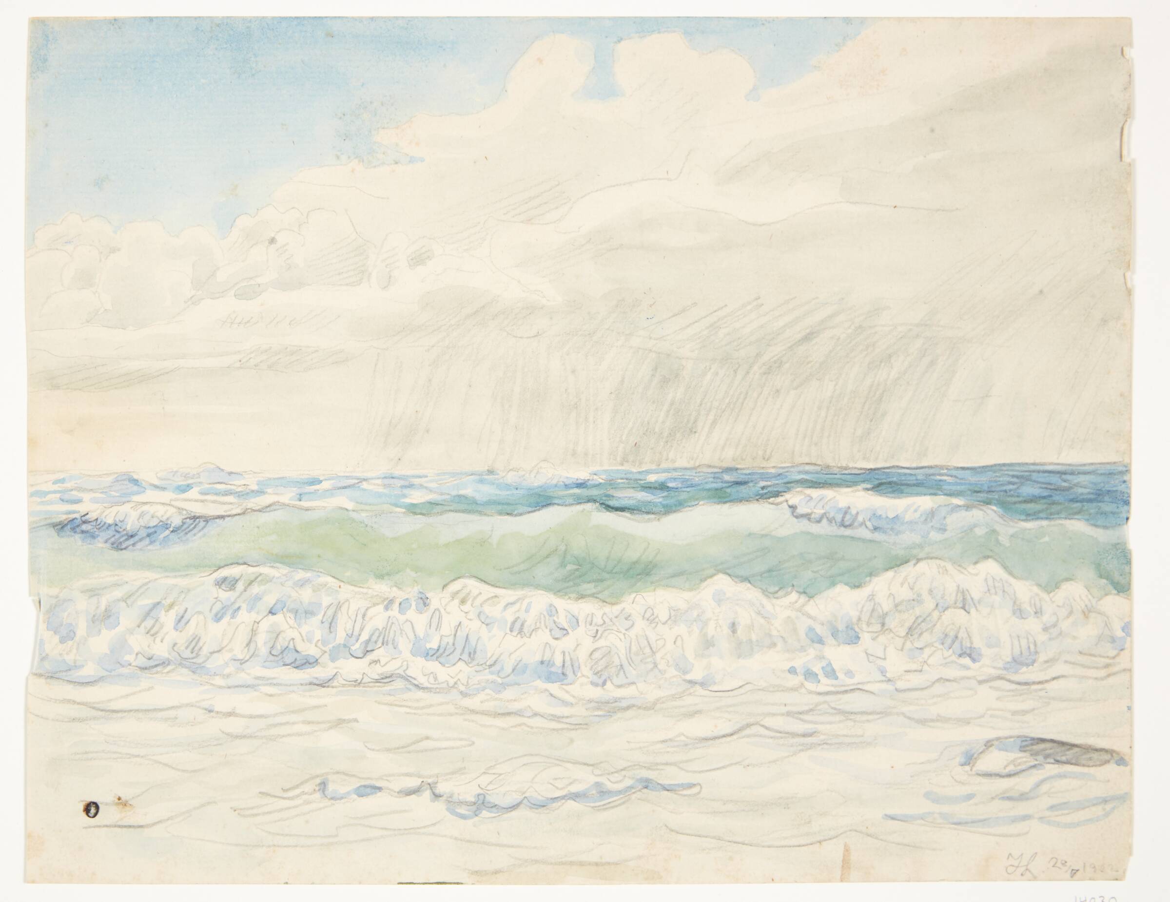 Marine. Skyet himmel med byge. Brænding, Johannes Larsen, 1902