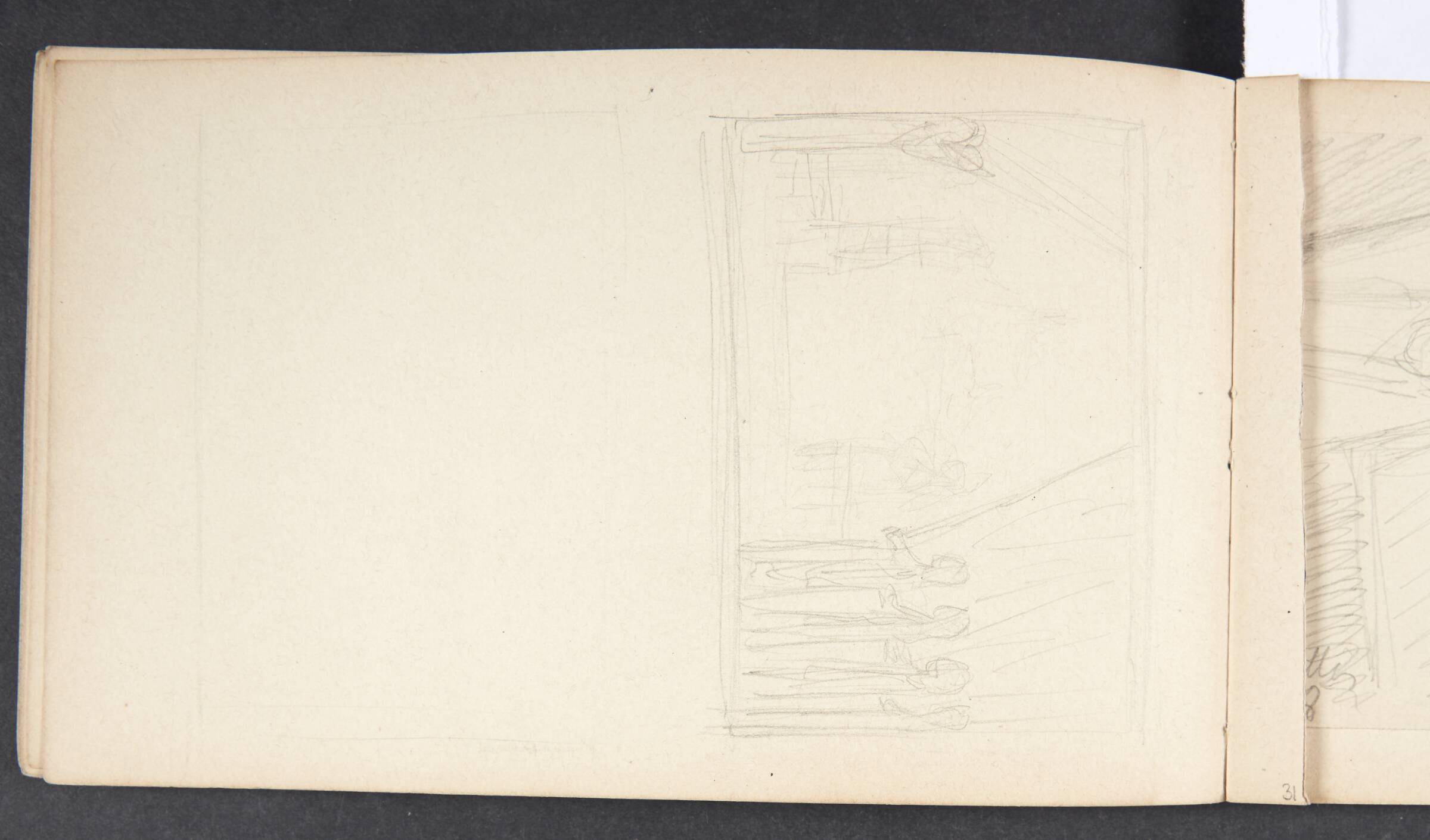 Kompositionsrids med figurer samlet omkring en himmelseng, forrest kvinder, der holder et draperi til side, Agnes Slott-Møller, 1897-1898