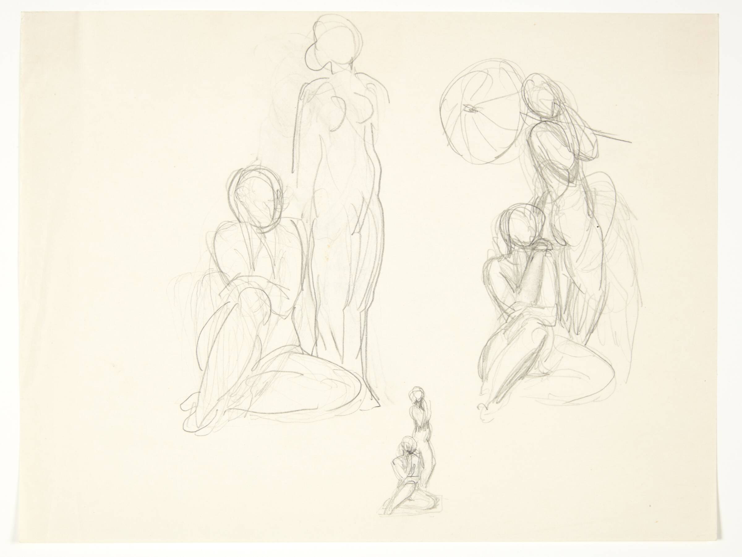 Studieblad med tre udkast til en gruppe med stående og siddende kvinde, Svend Rathsack, 1936-1940