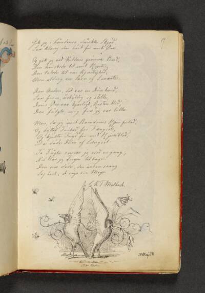 To duer med vingerne rejst, der står symmetrisk med halerne mod hinanden. Der er en ornamentranke i baggrunden. Hertil vers. Side 17