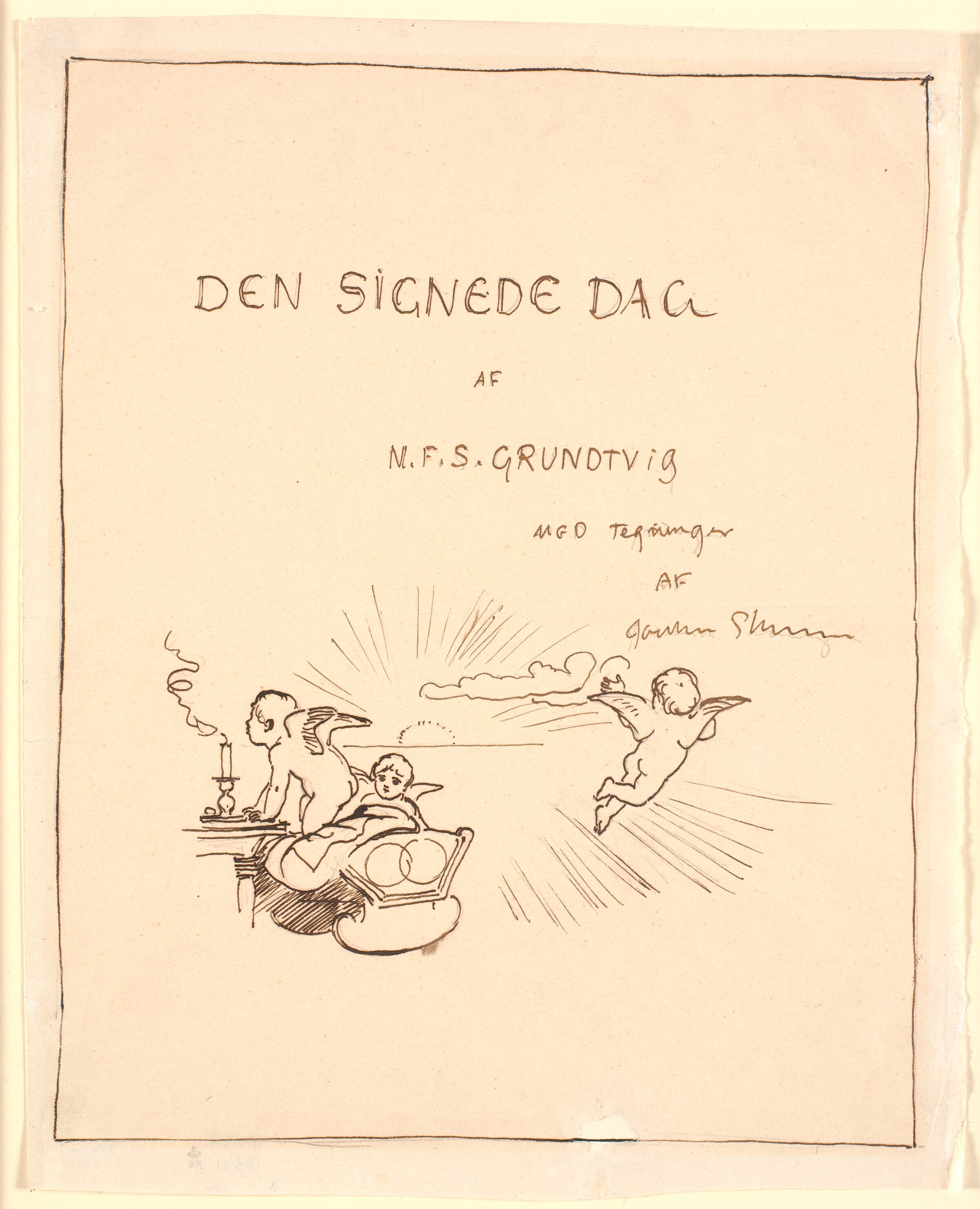Udkast til titelblad med tre putti eller genier, Joakim Skovgaard, 1885