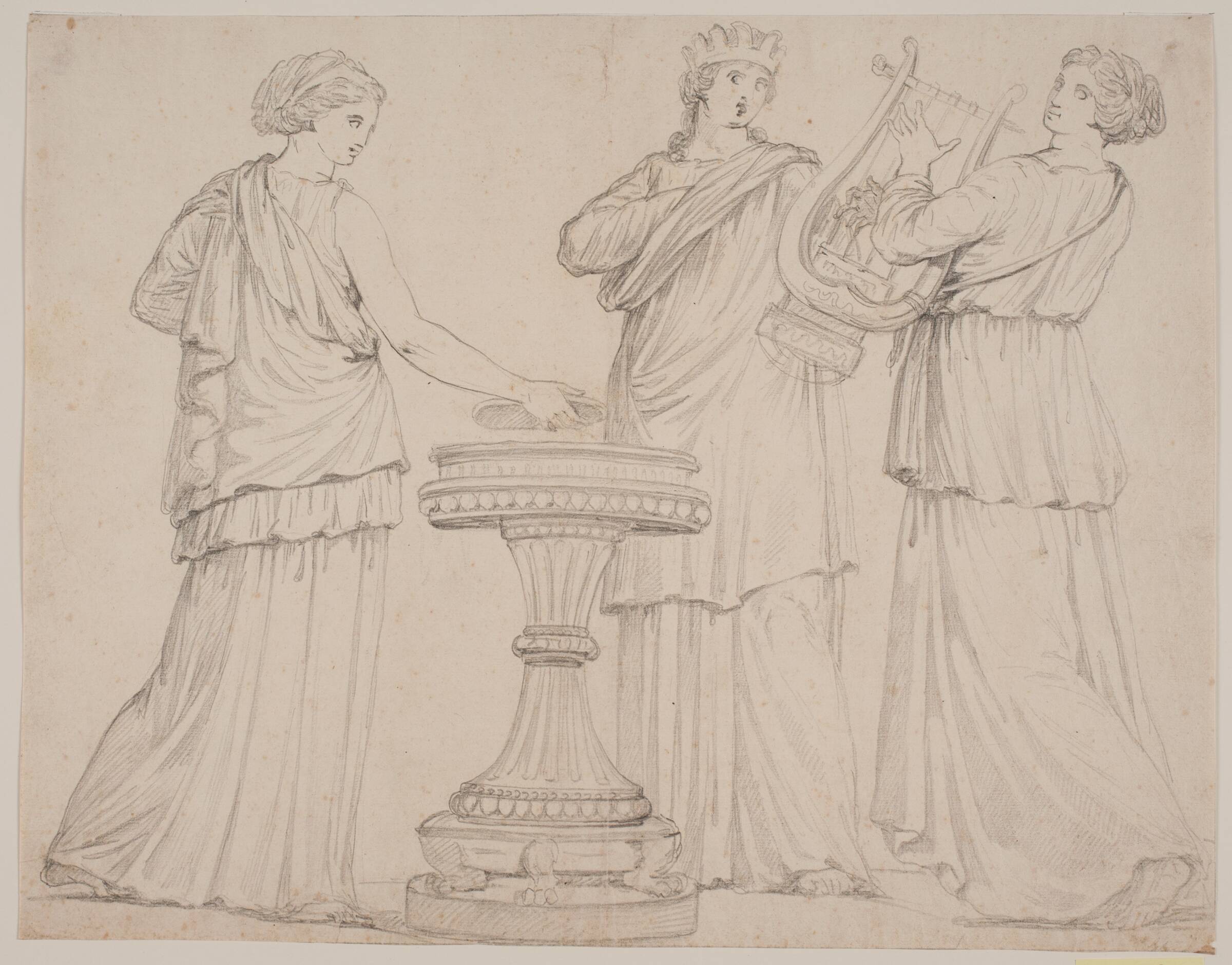 Tre kvinder i græske gevandter ved et alter. Kvinden t.v. med en tavle (?), i midten med en krone, t.h. med en lyre (terpsichore?), Jacques François Joseph Saly, 1717-1776