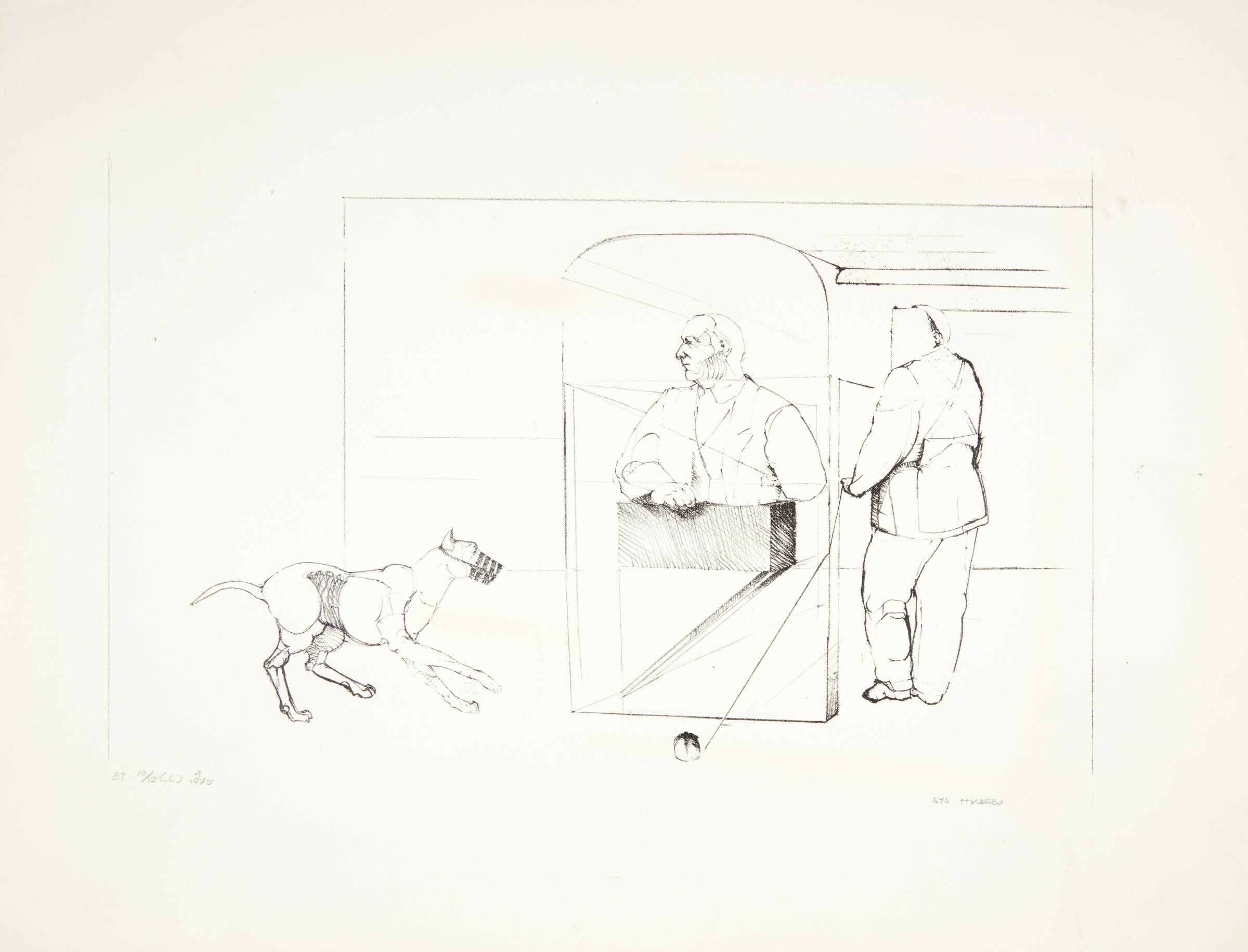 To mænd og en løbende hund med mundkurv, Sys Hindsbo, 1975