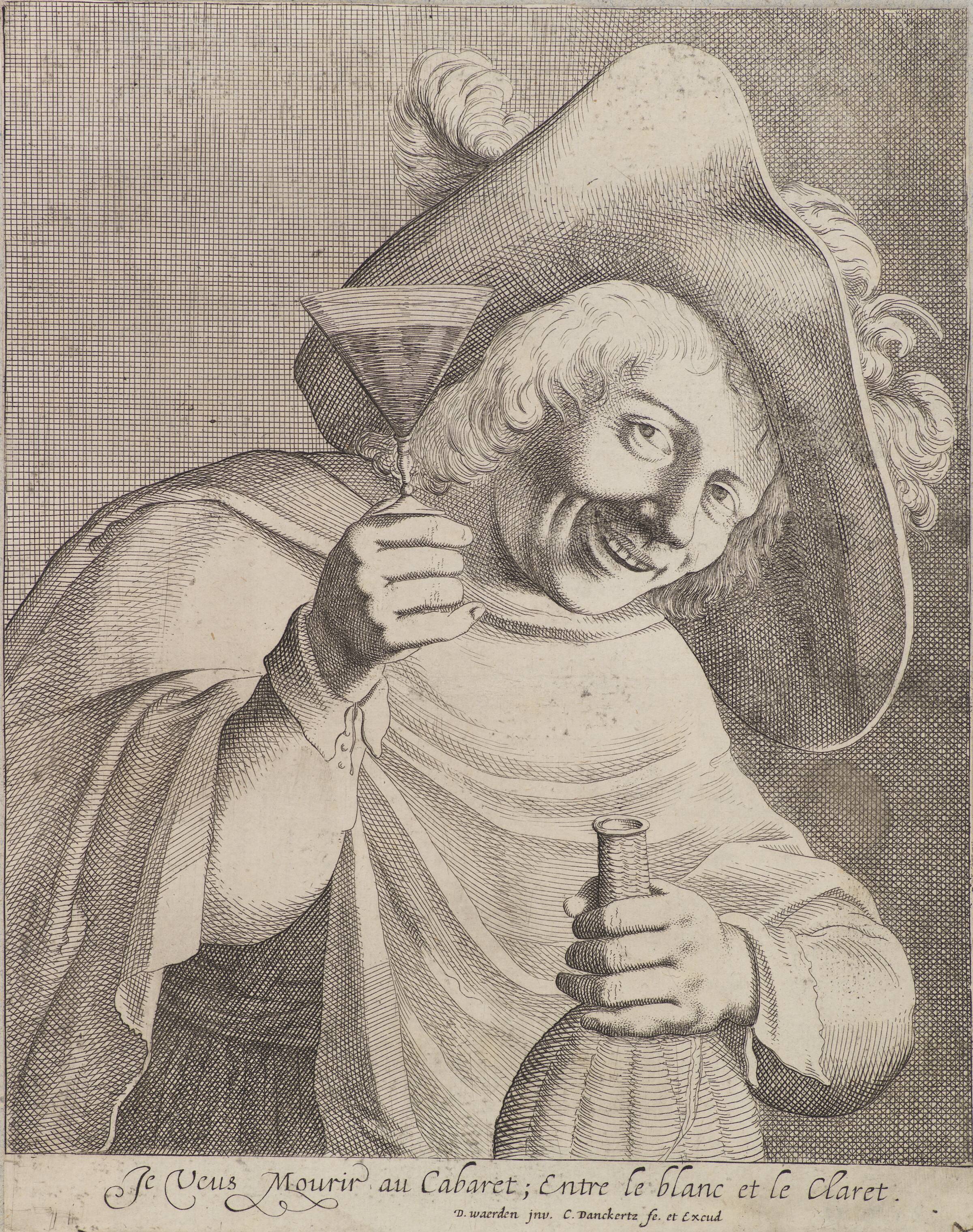 Mand med hævet glas og vinflaske i hånden (Je Veus Mourir au Cabaret ...), Cornelis Danckerts I, 1603-1656