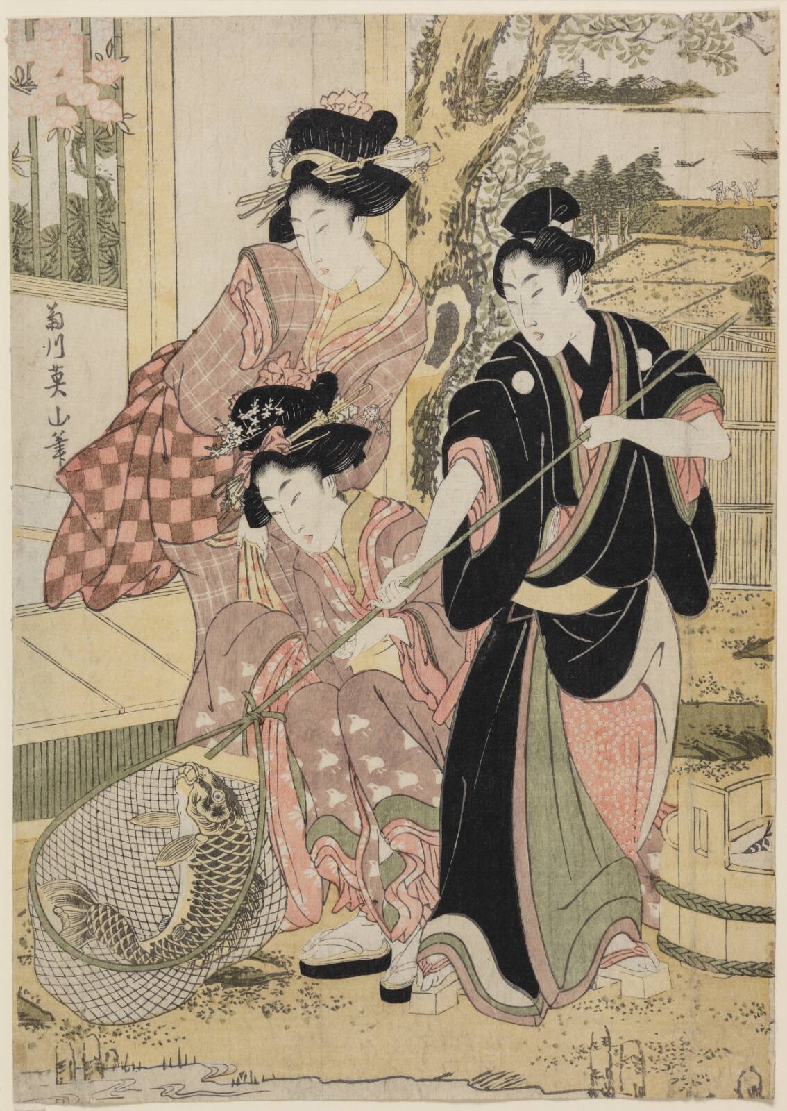 Ung mand og to kvinder fanger en karpe (Koi o sukū danjo), by Kikugawa Eizan, 1818-1822