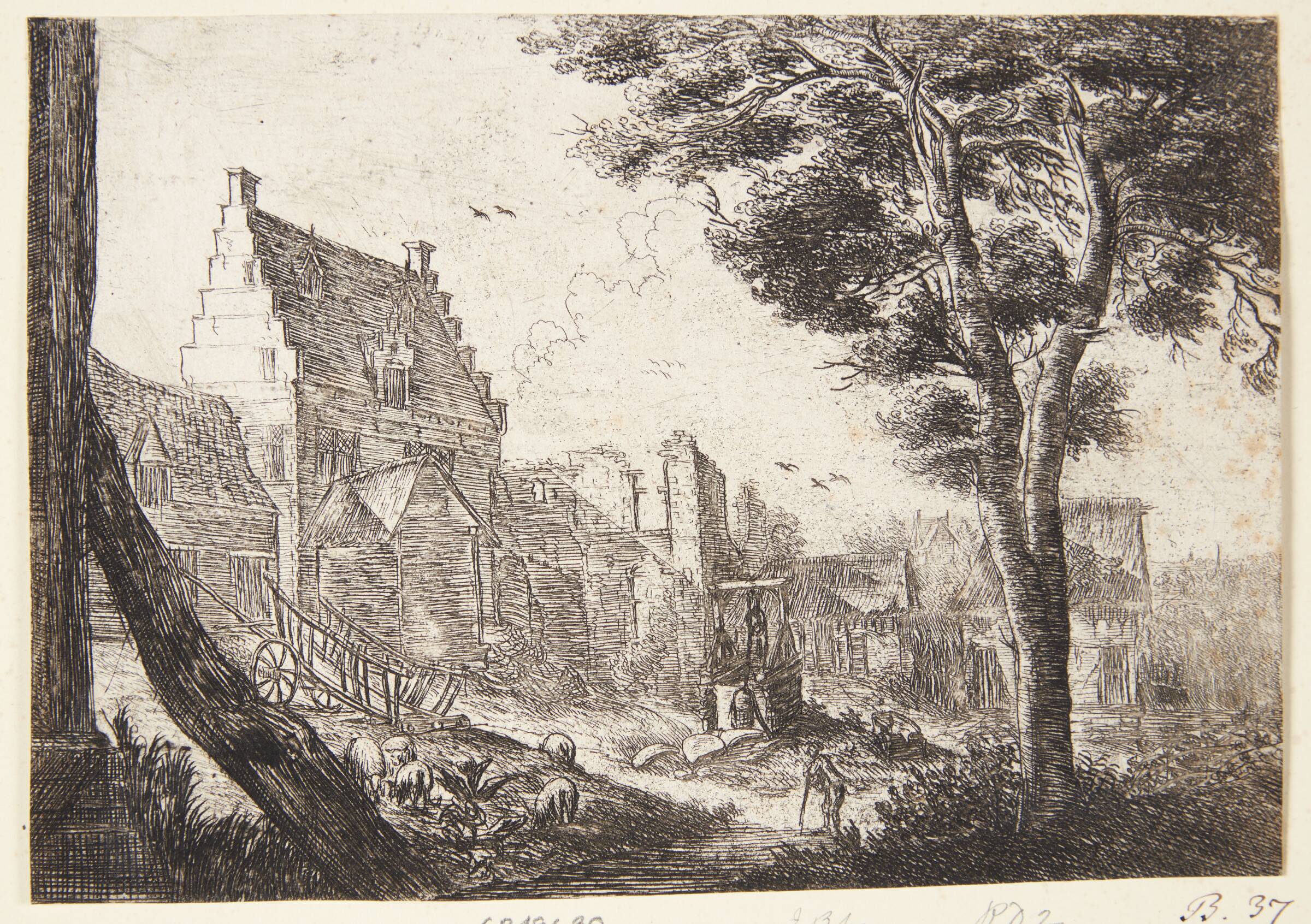 Fåreflok ved en landsby, Jean Baptiste Bonnecroy, 1618-1676