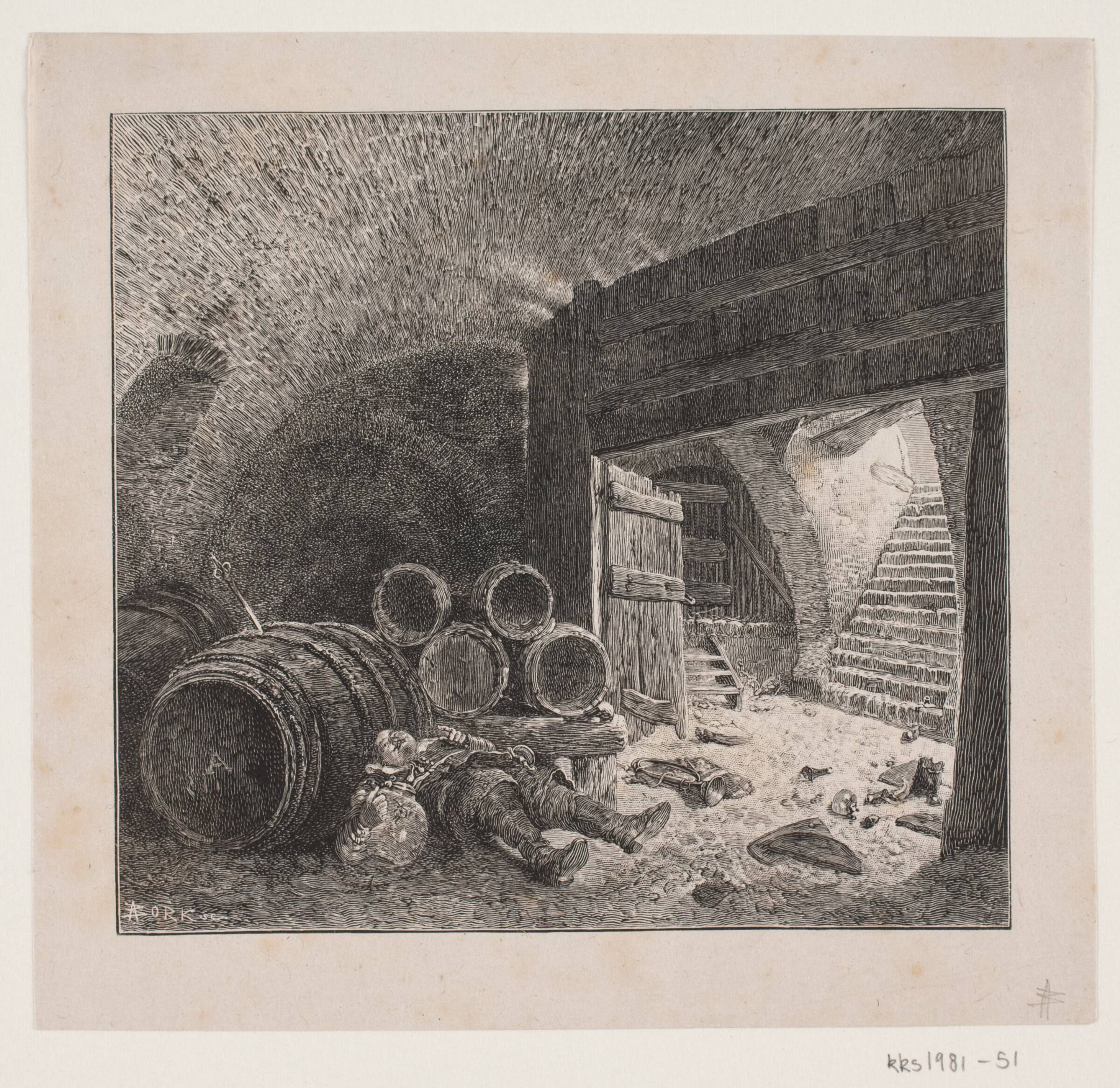 Fuld mand, der sover rusen ud i en vinkælder, André Bork, 1854-1932