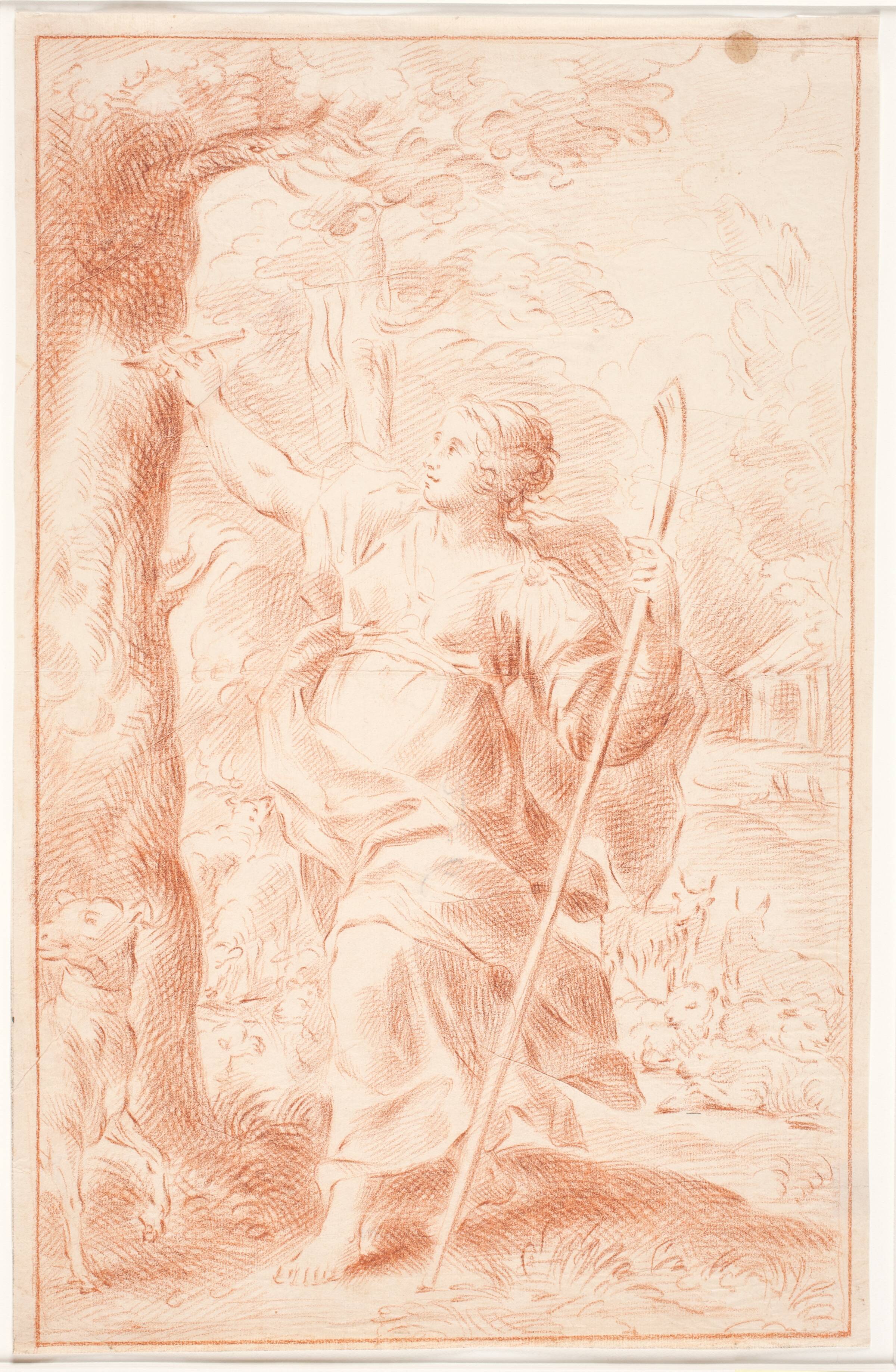Hyrdinde, der ridser i en træstamme, Hendrik Krock, 1686-1738