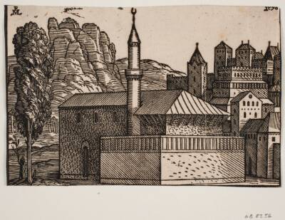Uidentificeret moské med 1 minaret, t.v. højt træ