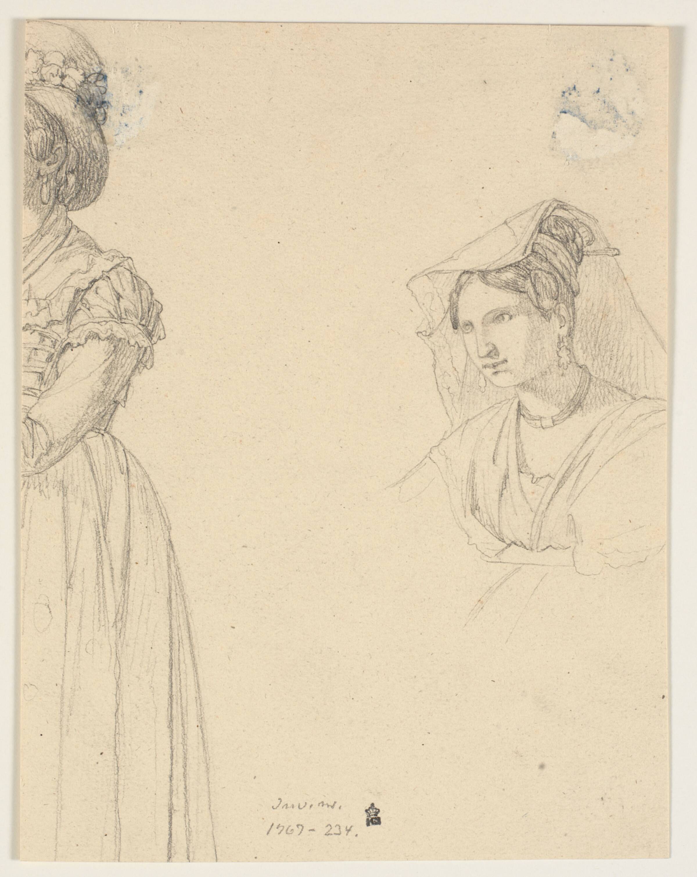 To studier af italienerinder, t.v. en stående kvinde (afskåret), t.h. brystbillede af kvinde med hovedtørklæde, Jørgen V. Sonne, 1838-1890