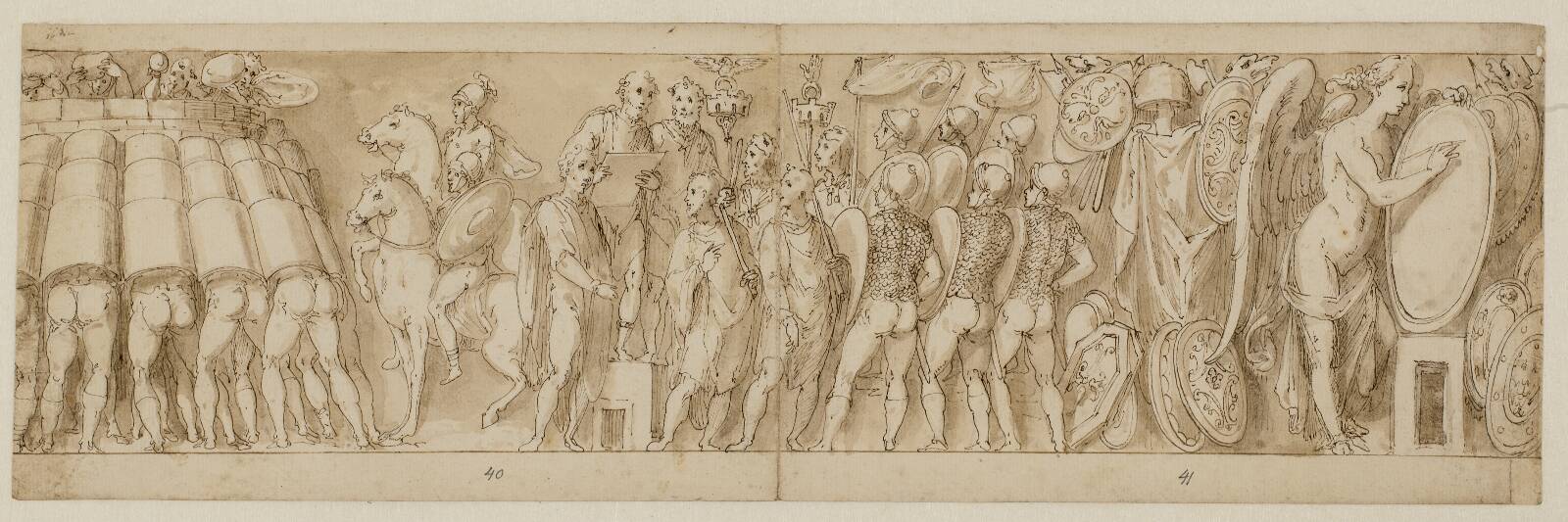 The Romans attack a German fortress (LIV); addressing the troops at the end of the German war (LV); Victoria surrounded by trophies recording Rome’s victory on a shield (LV), by Giovanni Guerra, 1544-1618