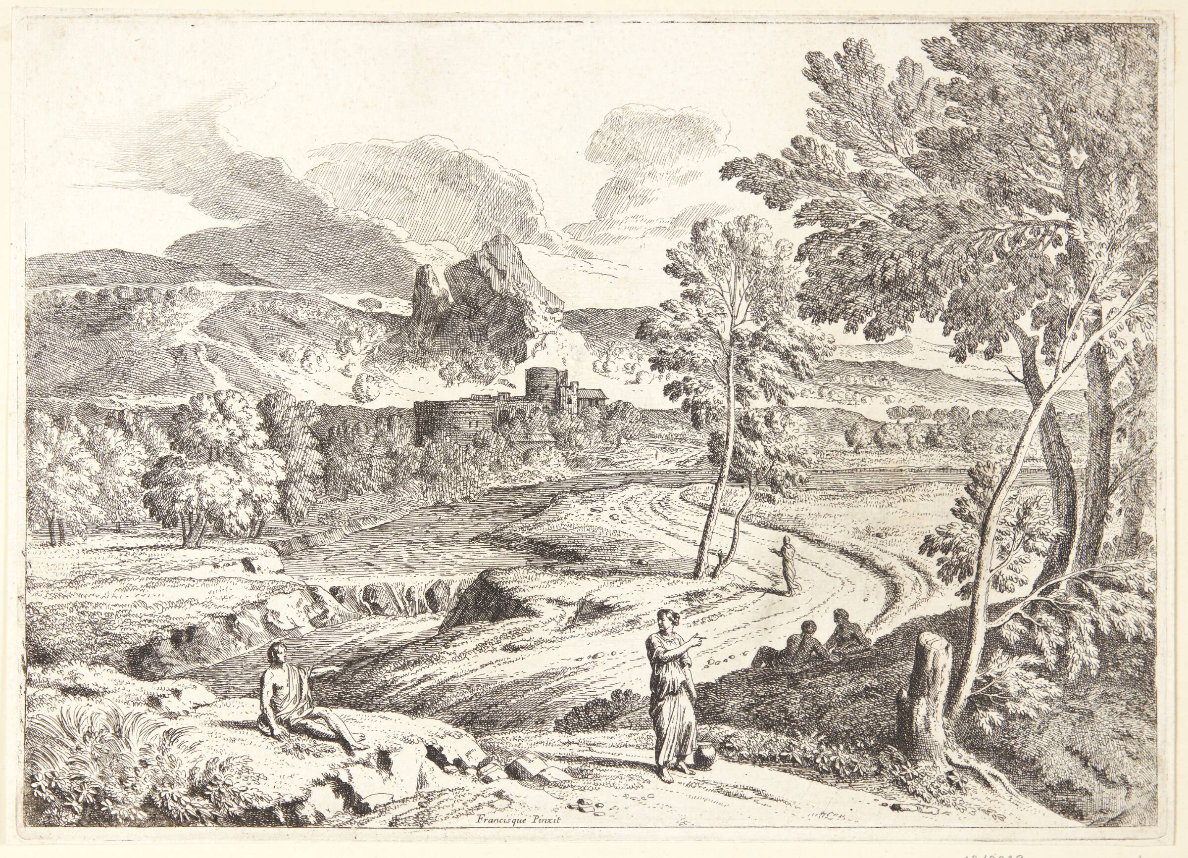 Landskab med et lille vandfald, i forgrunden en siddende mand og en gående kvinde, Théodore, 1690-1730