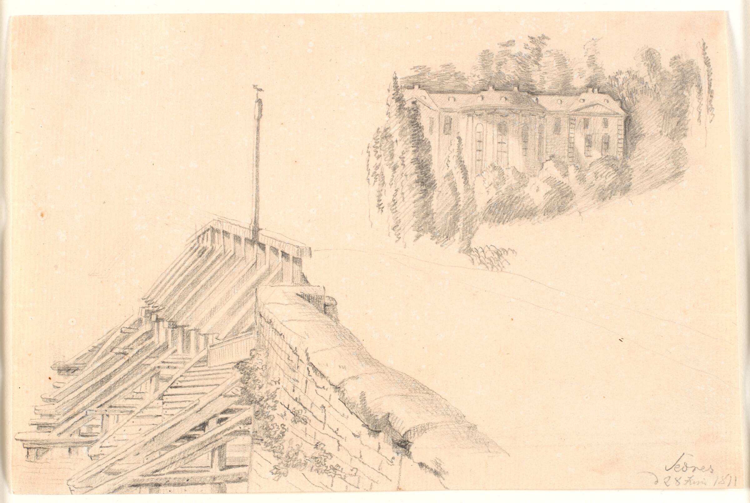 Skitseblad med del af den gamle Sèvresbro og parken i St. Cloud, J.P. Møller, 1811
