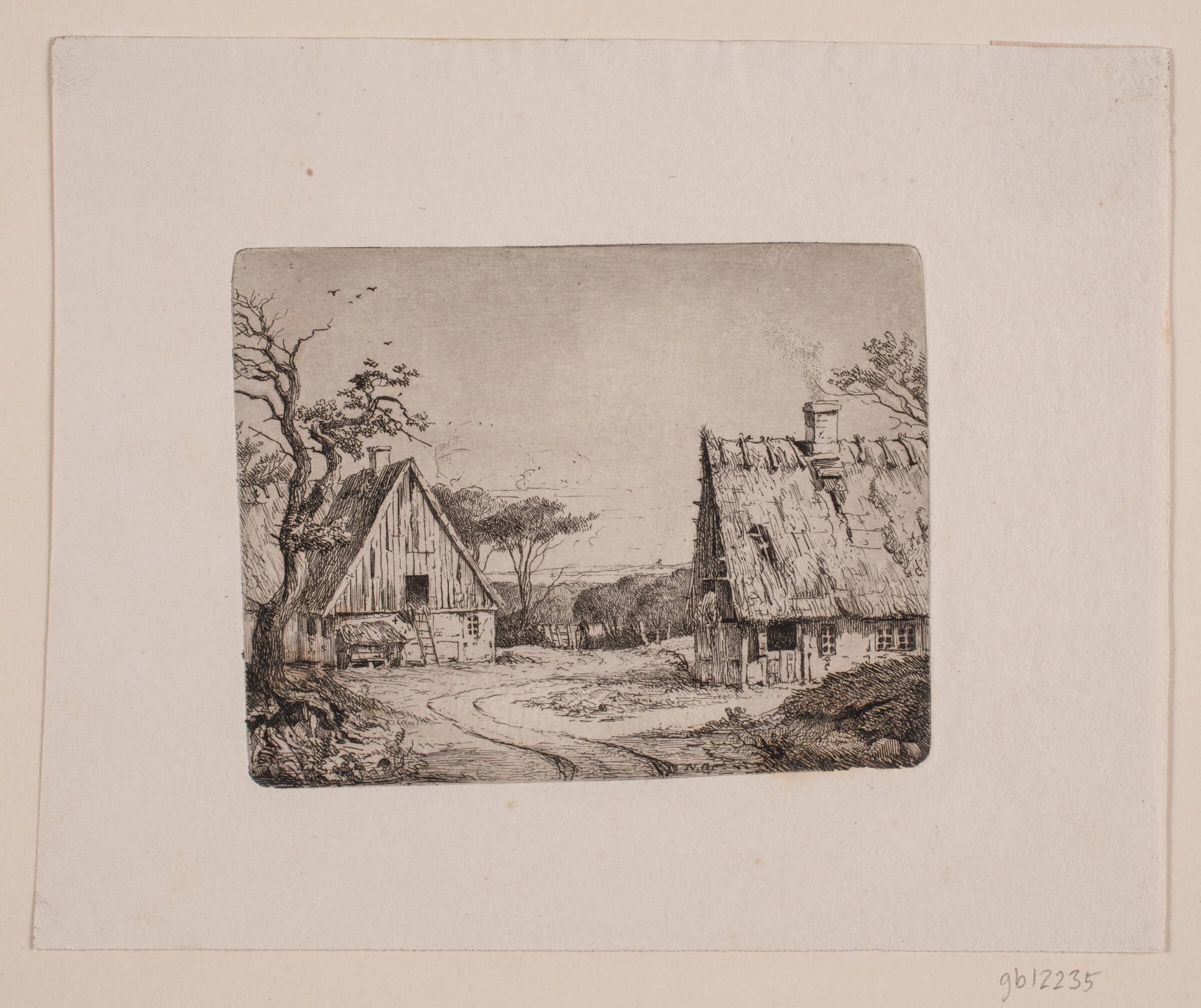 Landskab med to bondehuse, Frits Grove, 1848