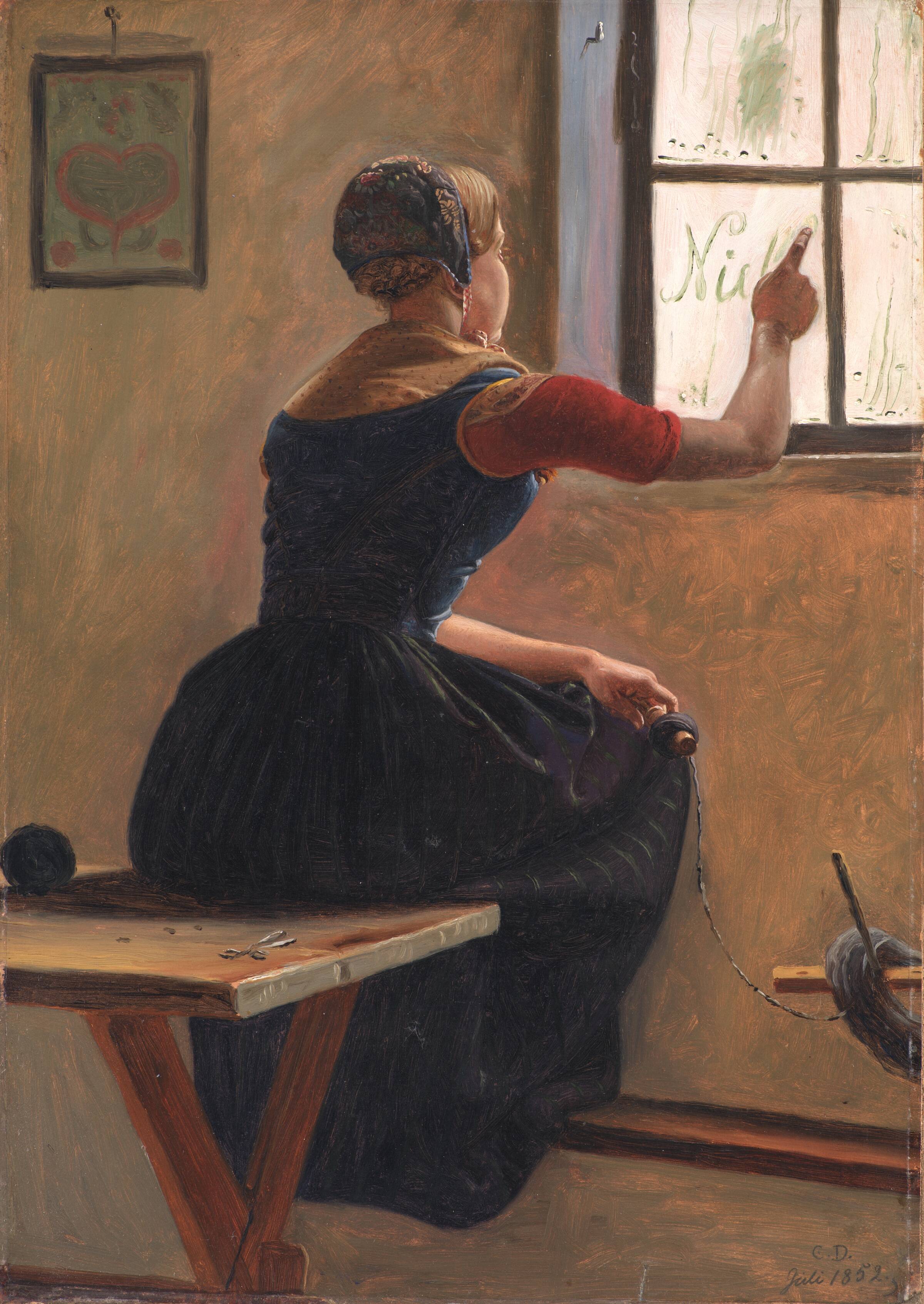 En ung jysk bondepige skriver vennens navn på den duggede rude, Christen Dalsgaard, 1852