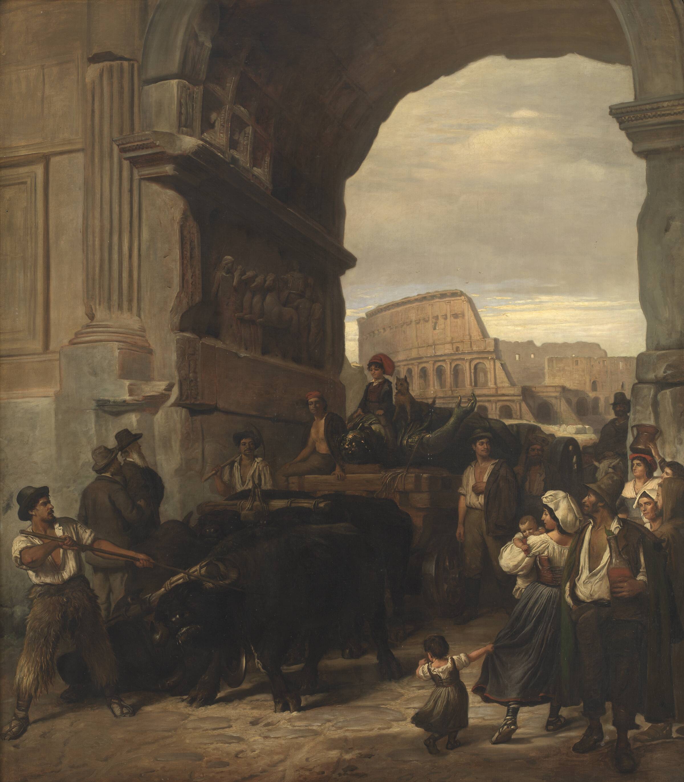 Romerske arbejdsfolk transporterer en antik kejserstatue fra Colosseum igennem Titusbuen til museerne i Capitol, L.A. Schou, 1866-1867
