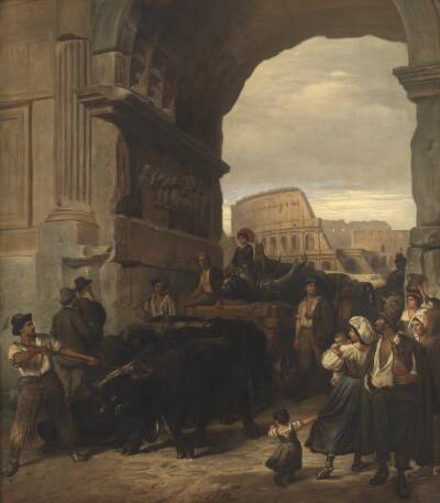 Romerske arbejdsfolk transporterer en antik kejserstatue fra Colosseum igennem Titusbuen til museerne i Capitol