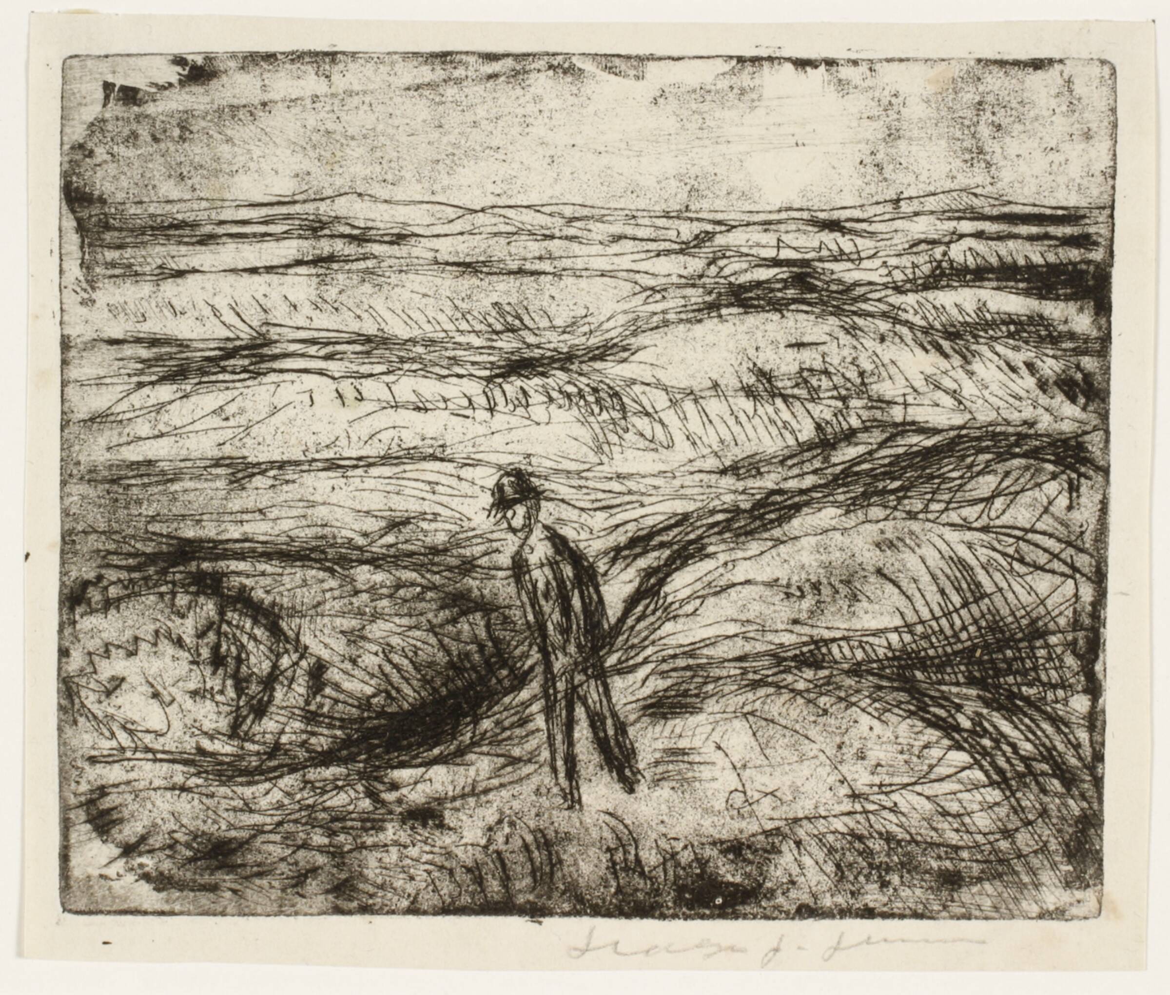Landskab med gående mand. Motiv fra Tisvildeegnen, Holger J. Jensen, 1926-1929