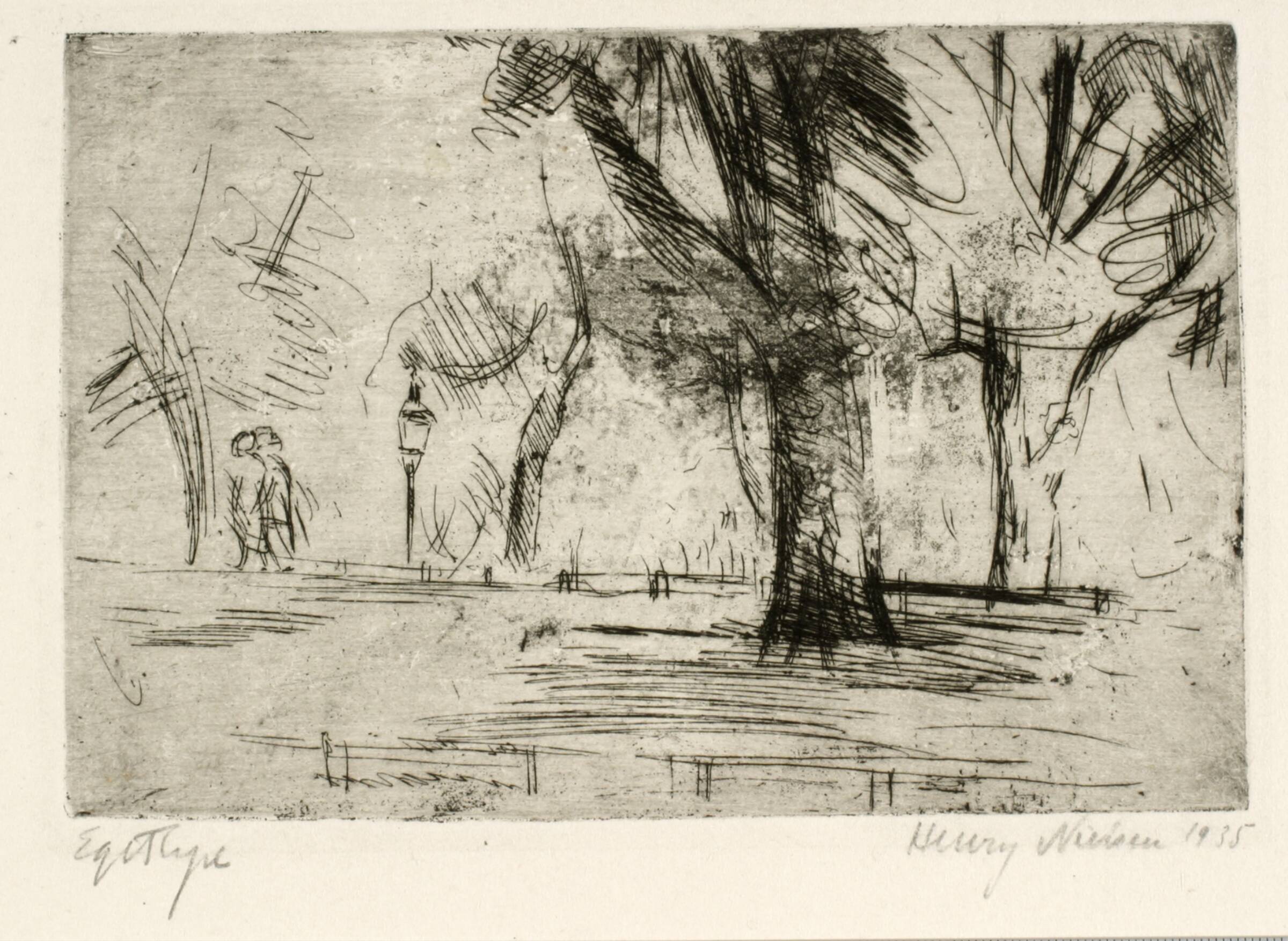 Park med to spadserende og lygte, Henry Nielsen, 1935