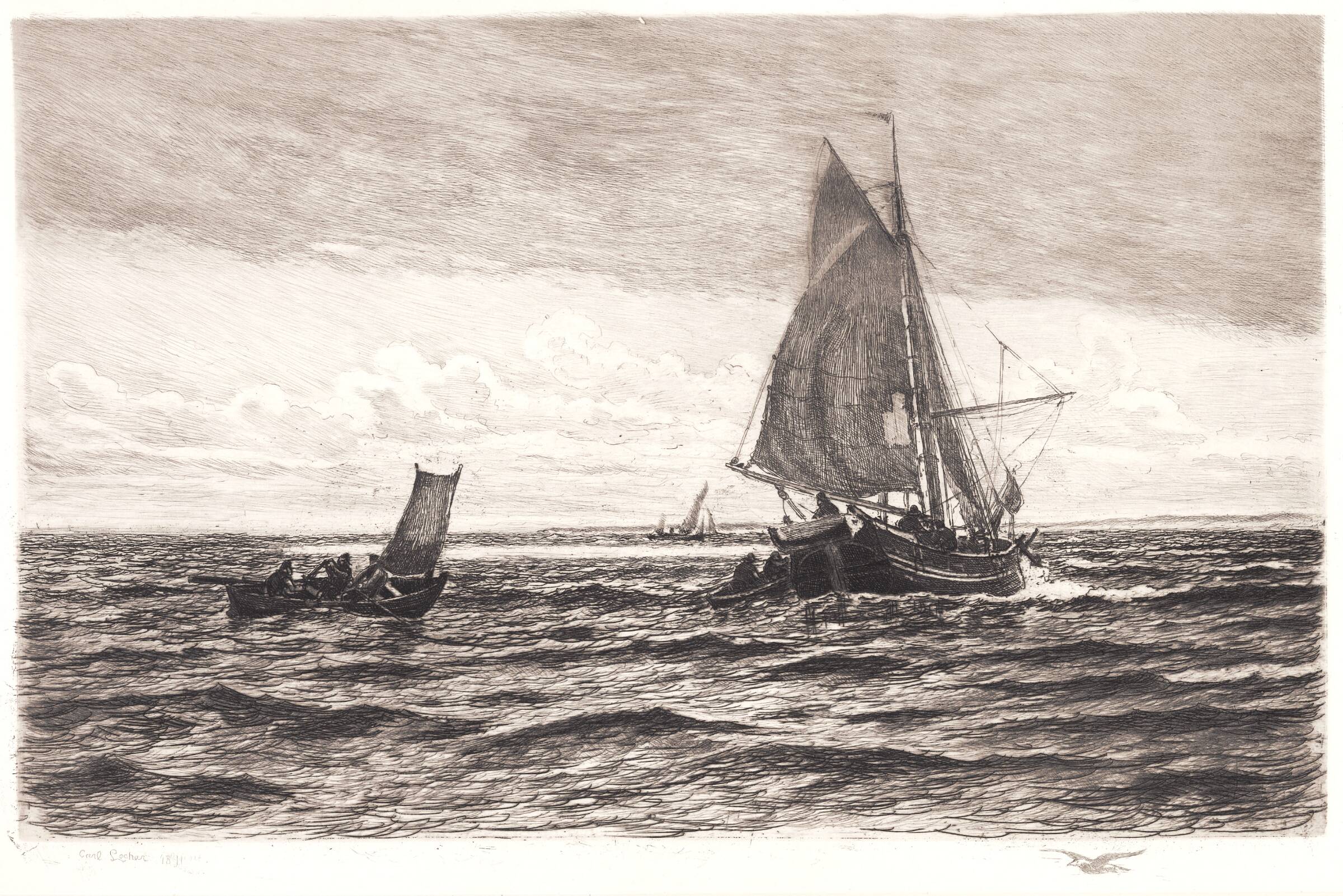 Fiskerkvase og robåde, Carl Locher, 1891