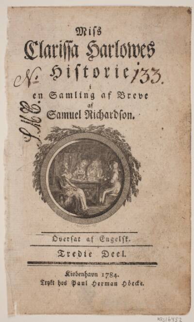 Titelblad med vignet til S. Richardson: "Miss Clarissa Harlowes Historie", tredje del