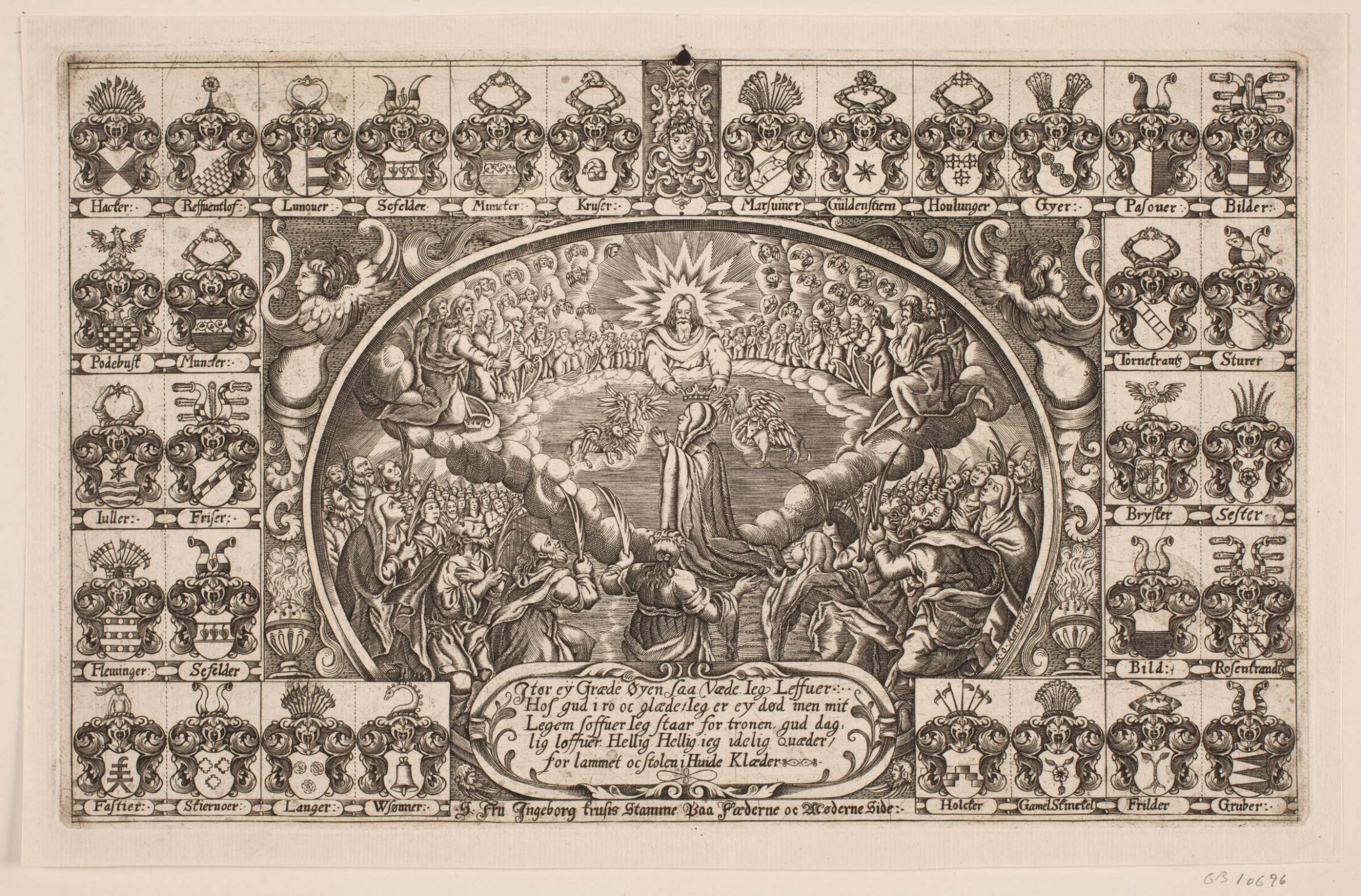 Fru Ingeborg Kruse knælende for Guds trone. Fra ligprædiken, Anders Ottesen, 1647