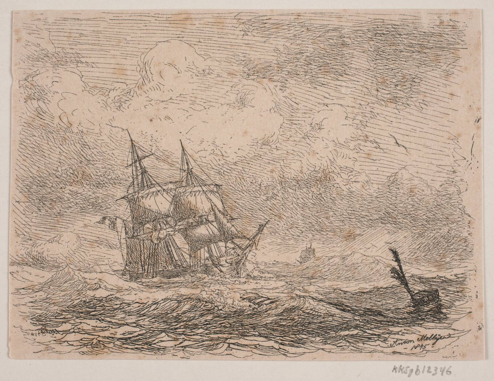 En brig i oprørt sø, Anton Melbye, 1845