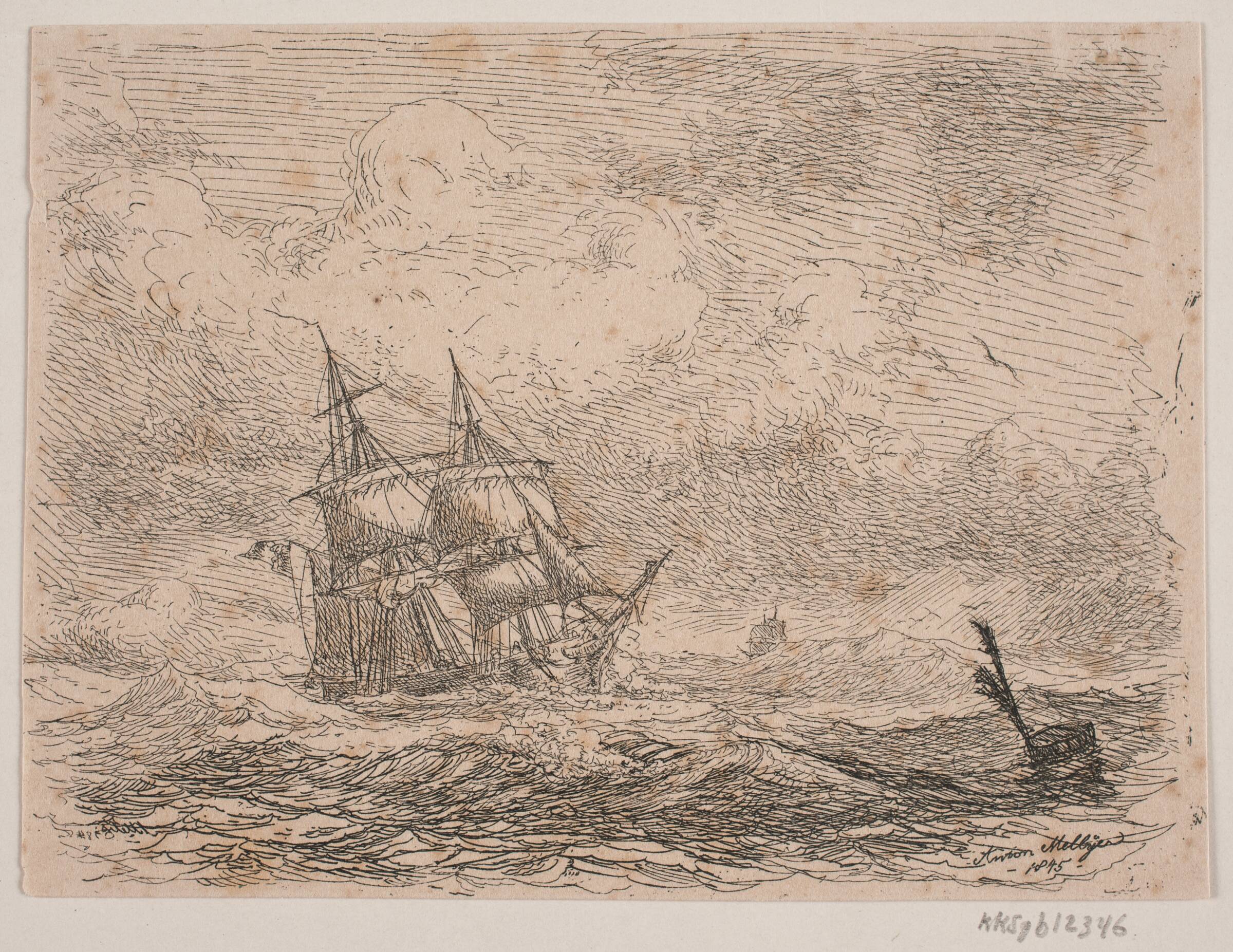 En brig i oprørt sø, Anton Melbye, 1845