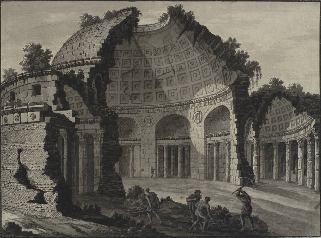 Arkitekturfantasi. Antik rundbygning i ruiner. I forgrunden arbejdende figurer, Robert Adam, 1777