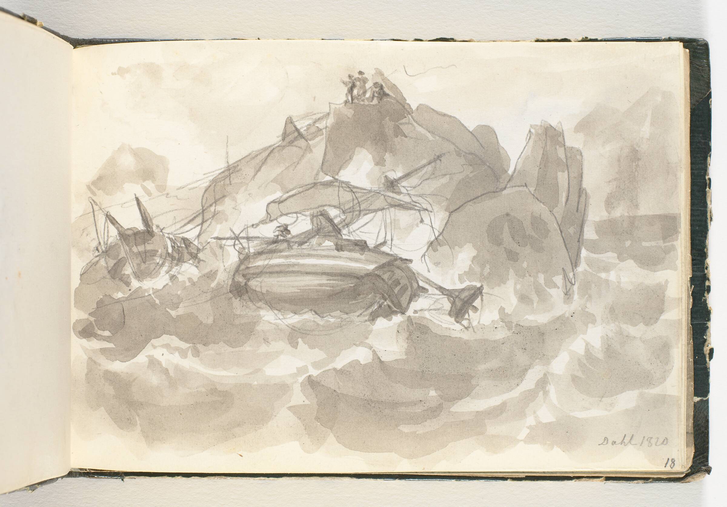 Skibsforlis ved en klippekyst. Nogle mænd står på en klippe og ser til, J.C. Dahl, 1820