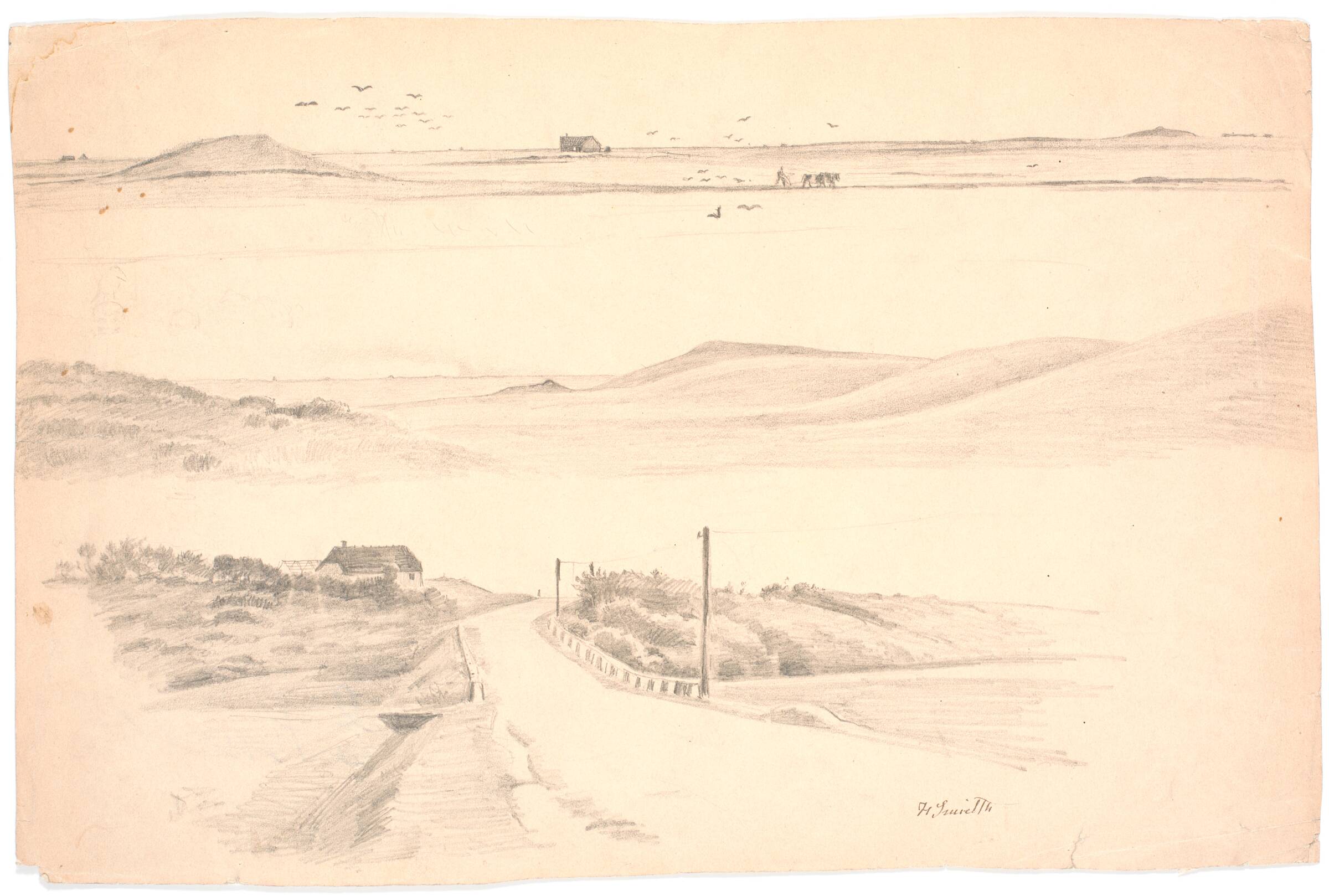 Studieblad med tre landskaber fra jylland. Øverst: landskab med pløjemark; midten: landskab med høje bakker; nederst: landskab med hus og vej, Hans Smidth, 1880-1889