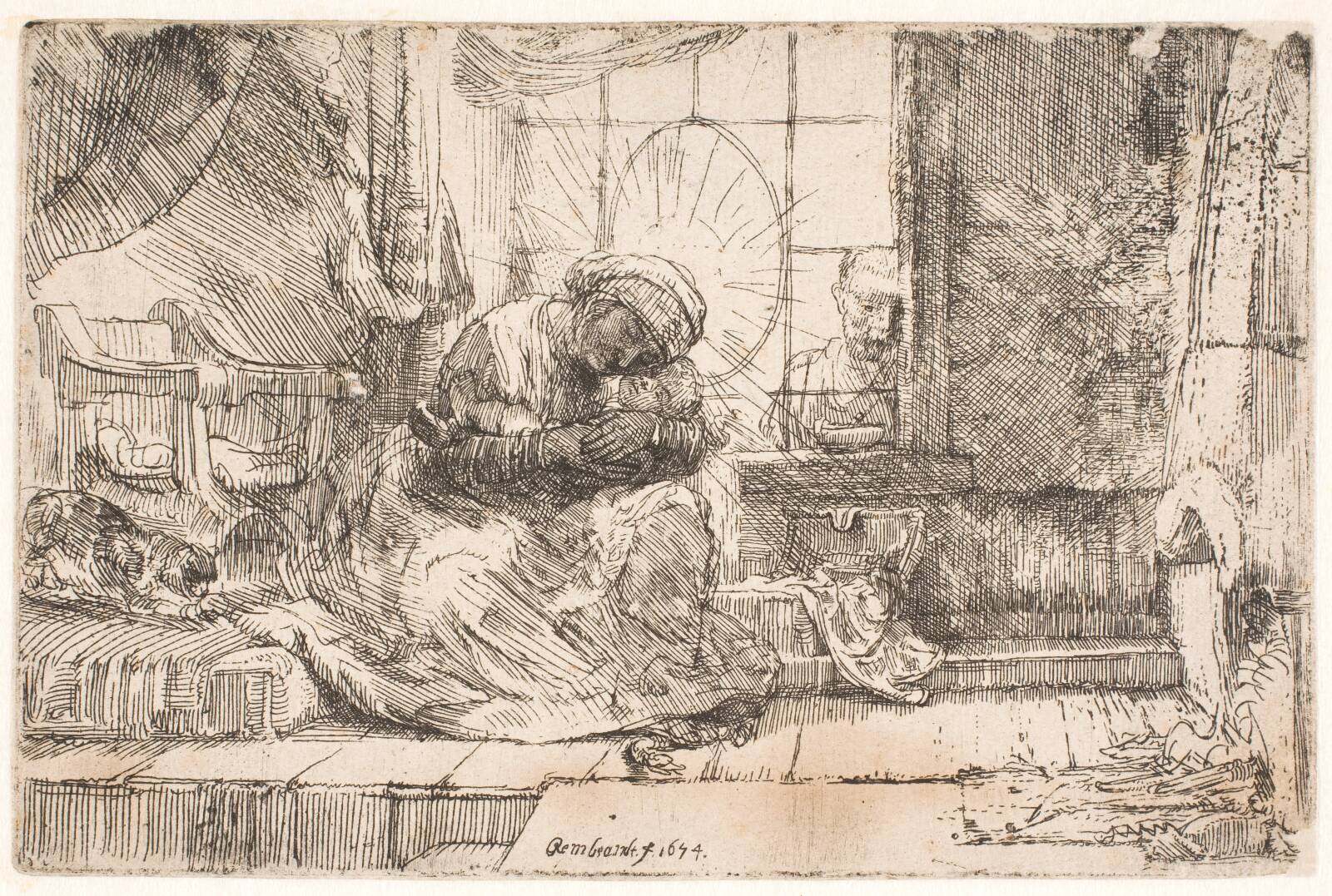 The Virgin and the Child with the cat: and Joseph at the window, by Rembrandt van Rijn, 1654
