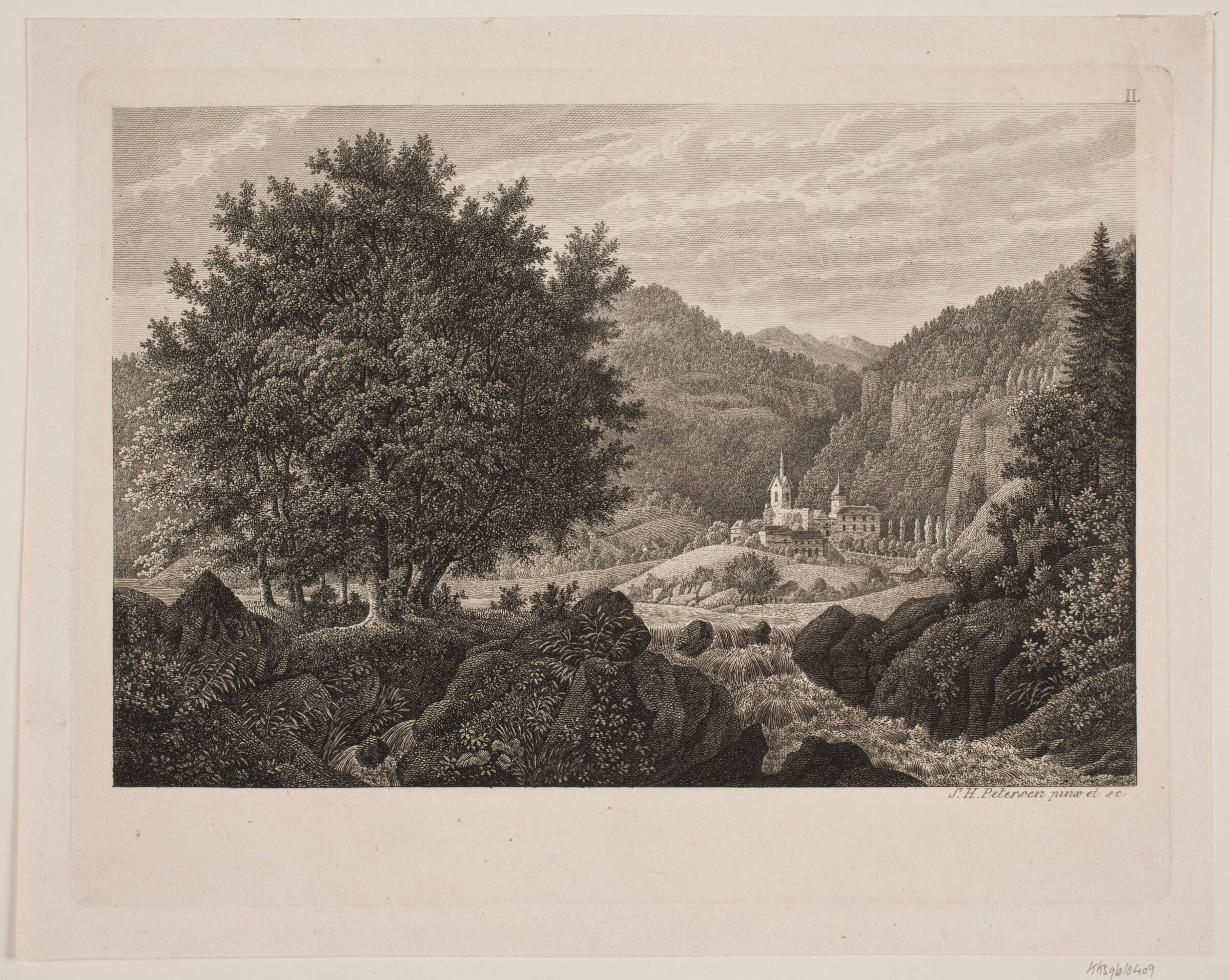 Bjerglandskab med en kirke, Søren Henrik Petersen, 1788-1860